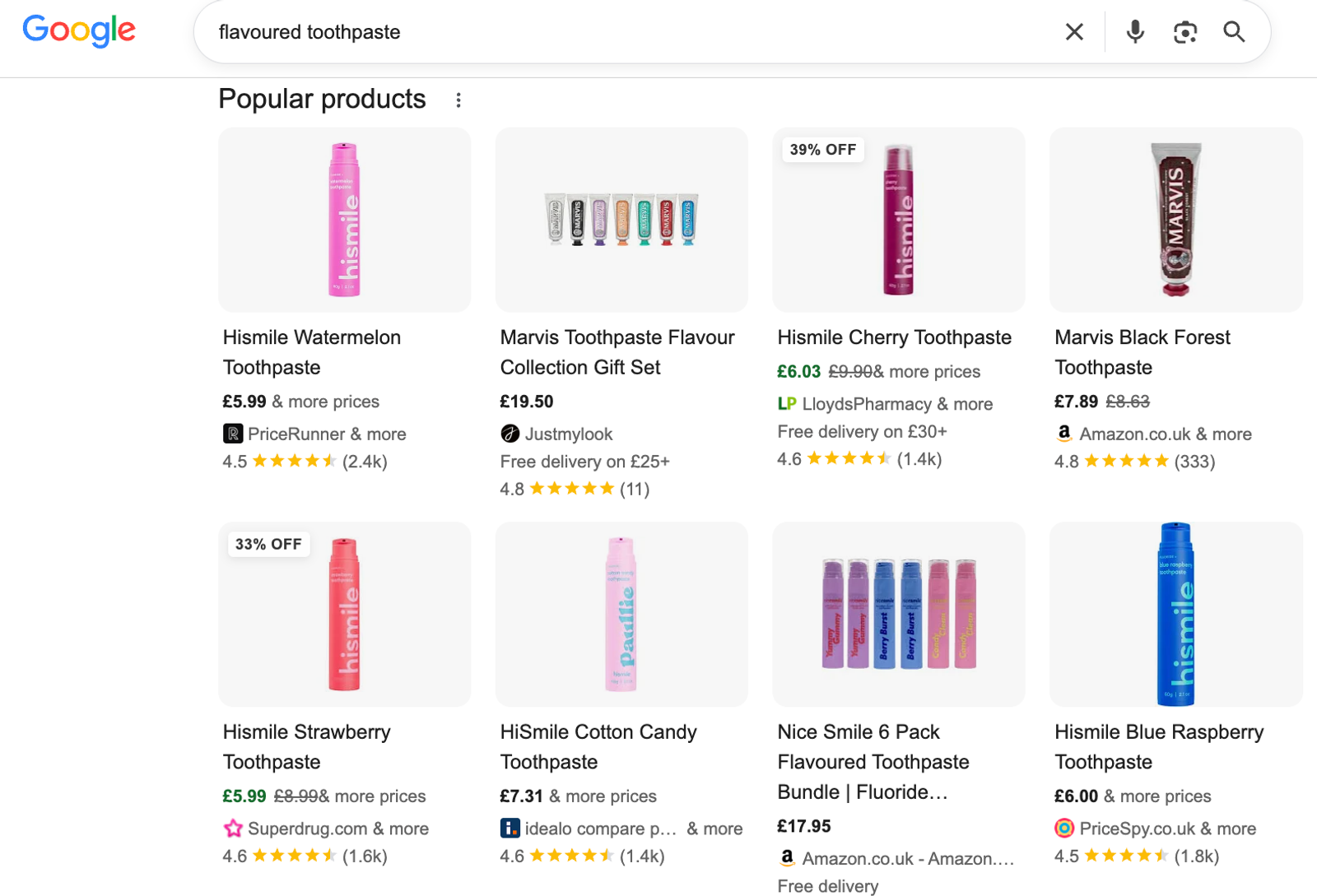 Google search results page for 'flavoured toothpaste' displaying a 'Popular products' grid.