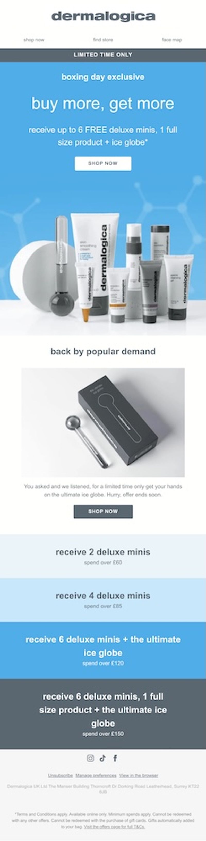 A screenshot of a Dermalogica Boxing Day email with a blue and gray color scheme, showing a lineup of skincare products including an eye serum, smoothing cream, gel moisturizer, toner, recovery masque, cleansing gel, superfoliant, and a facial ice globe tool arranged together on a light background. Below, a separate product shot features a dark gray ice globe tool next to its packaging box. The email is structured in 4 horizontal color-blocked tiers: light blue, medium blue, brighter blue, and dark gray. Each tier shows a different spend threshold and free gift bundle, tying back to the products shown earlier in the email.