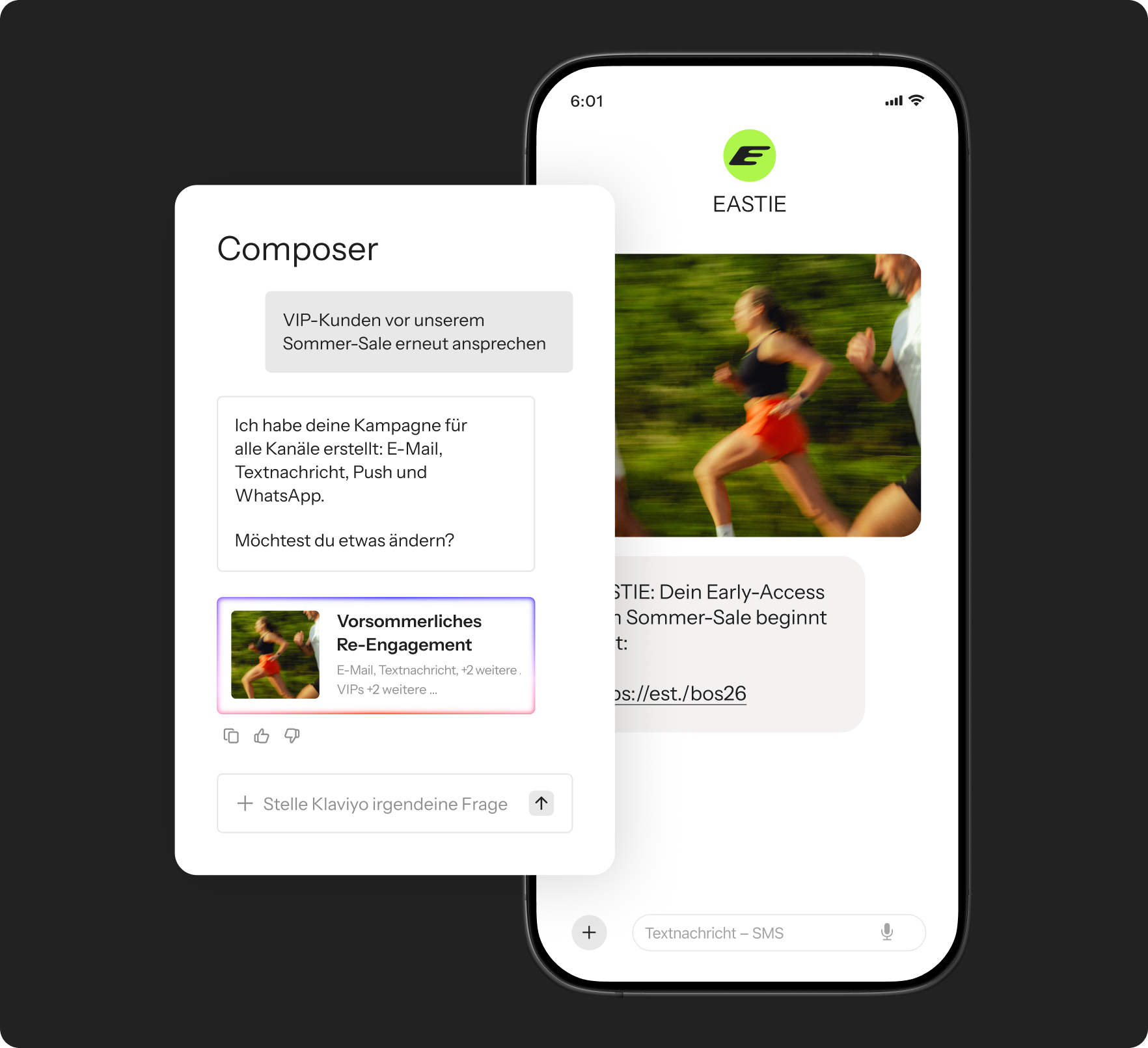 A "Composer" campaign creation interface for multi-channel marketing, like email and SMS, displayed over a smartphone showing an ad for "EASTIE" with runners.