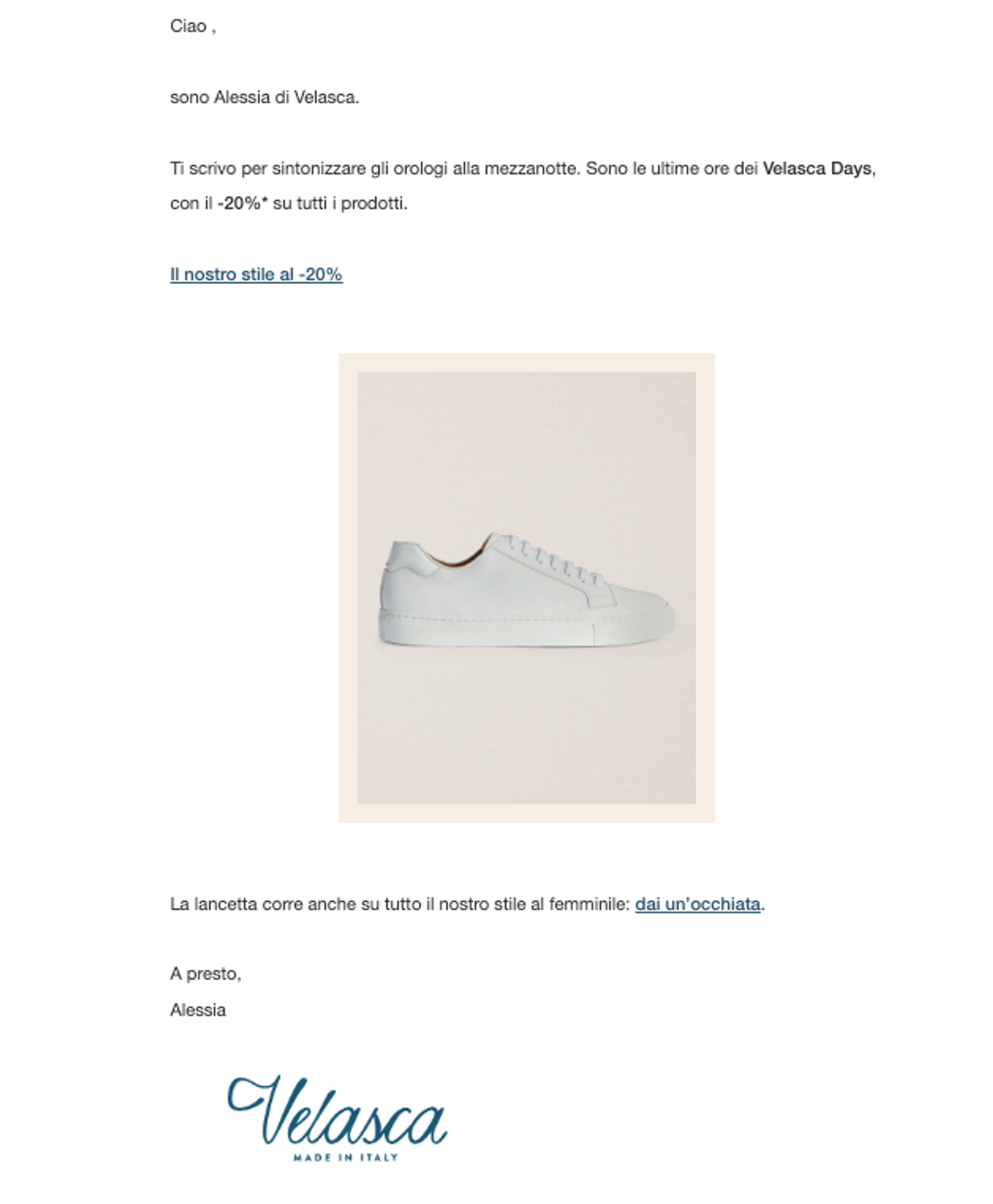 Esempio di email marketing Velasca