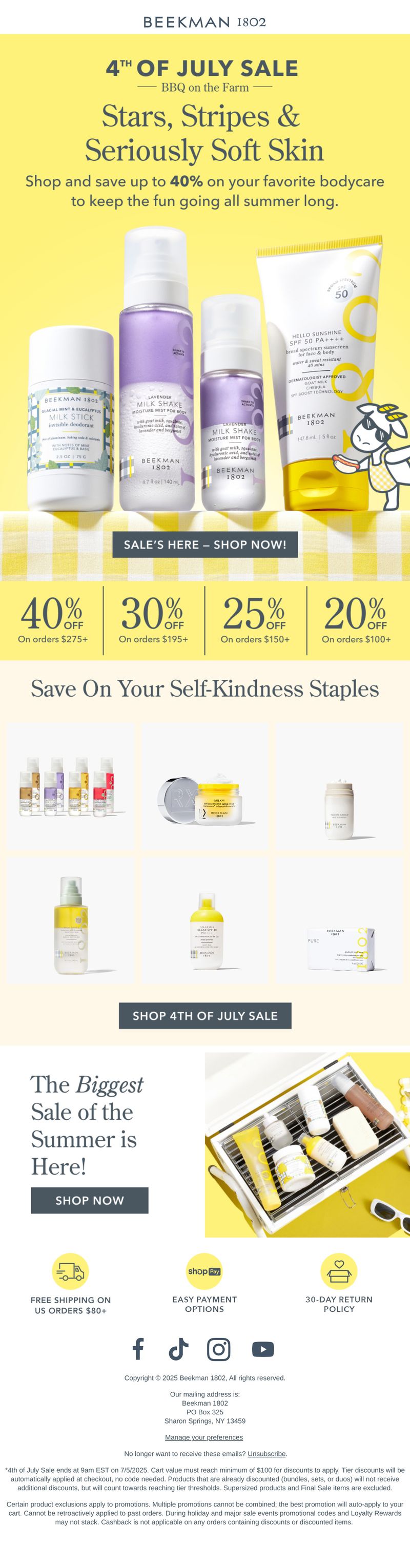 Beekman 1802 4th of July Sale graphic featuring body care products, a cartoon goat in sunglasses, and discounts up to 40% off.