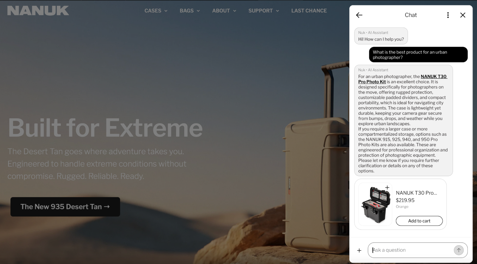 A Nanuk website showing a tan rugged case, with an AI chat window recommending a black Nanuk T30 Pro Photo Kit for $219.95.