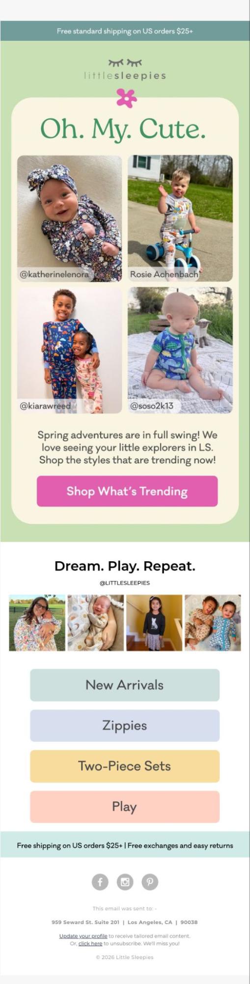 Little Sleepies email featuring multiple photos of cute babies and toddlers wearing their clothing, promoting trending spring styles and product categories.