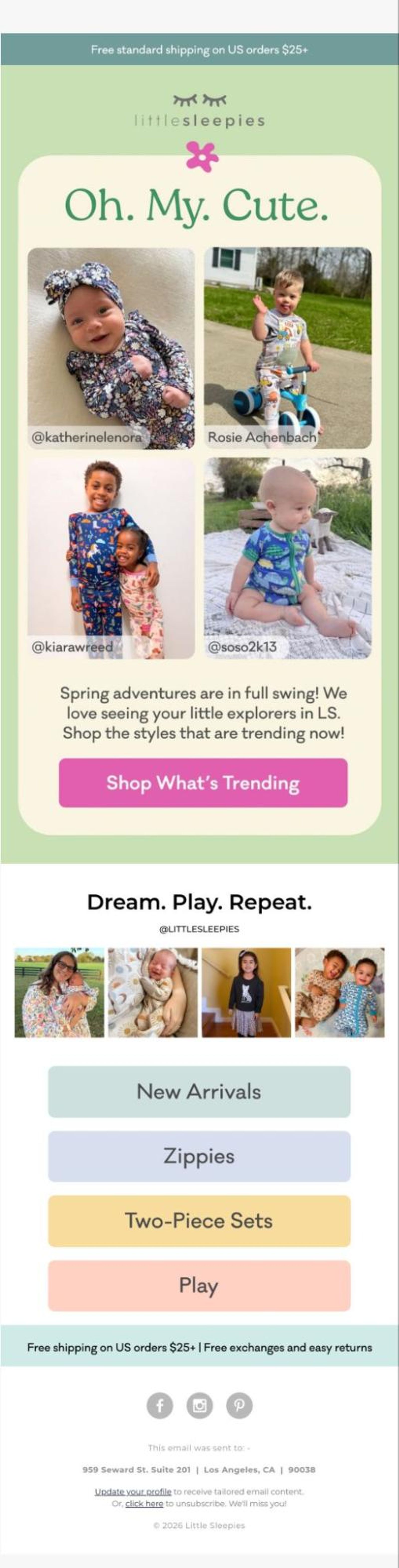 Little Sleepies email featuring multiple photos of cute babies and toddlers wearing their clothing, promoting trending spring styles and product categories.