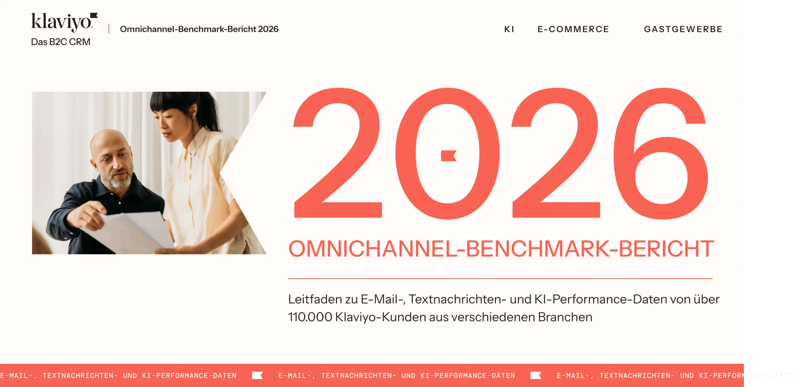 Klaviyo Omnichannel-Benchmark-Bericht 2026, Leitfaden zu E-Mail-, Textnachrichten- und KI-Performance-Daten.