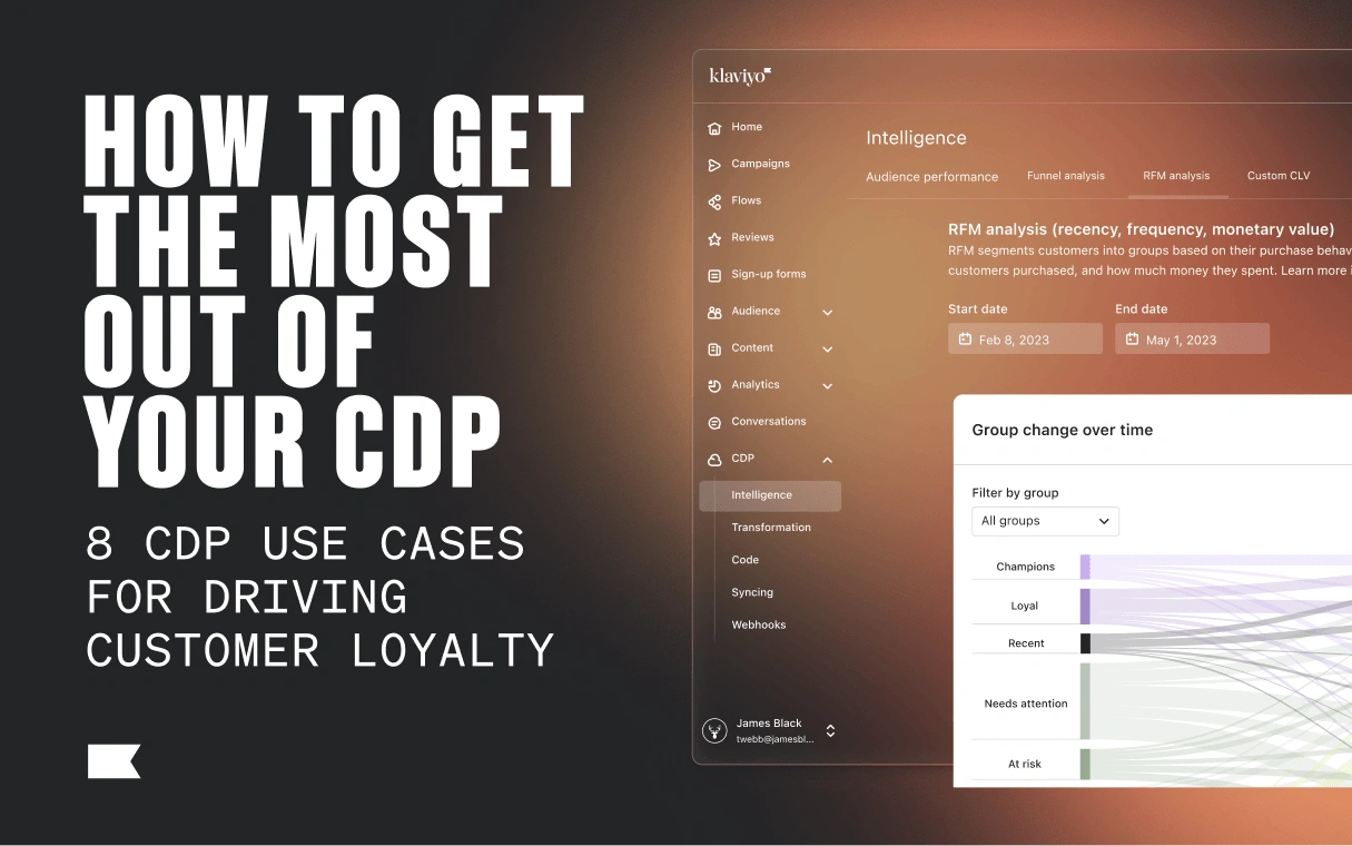 Graphic promoting 8 CDP use cases for customer loyalty beside a Klaviyo RFM analysis dashboard.