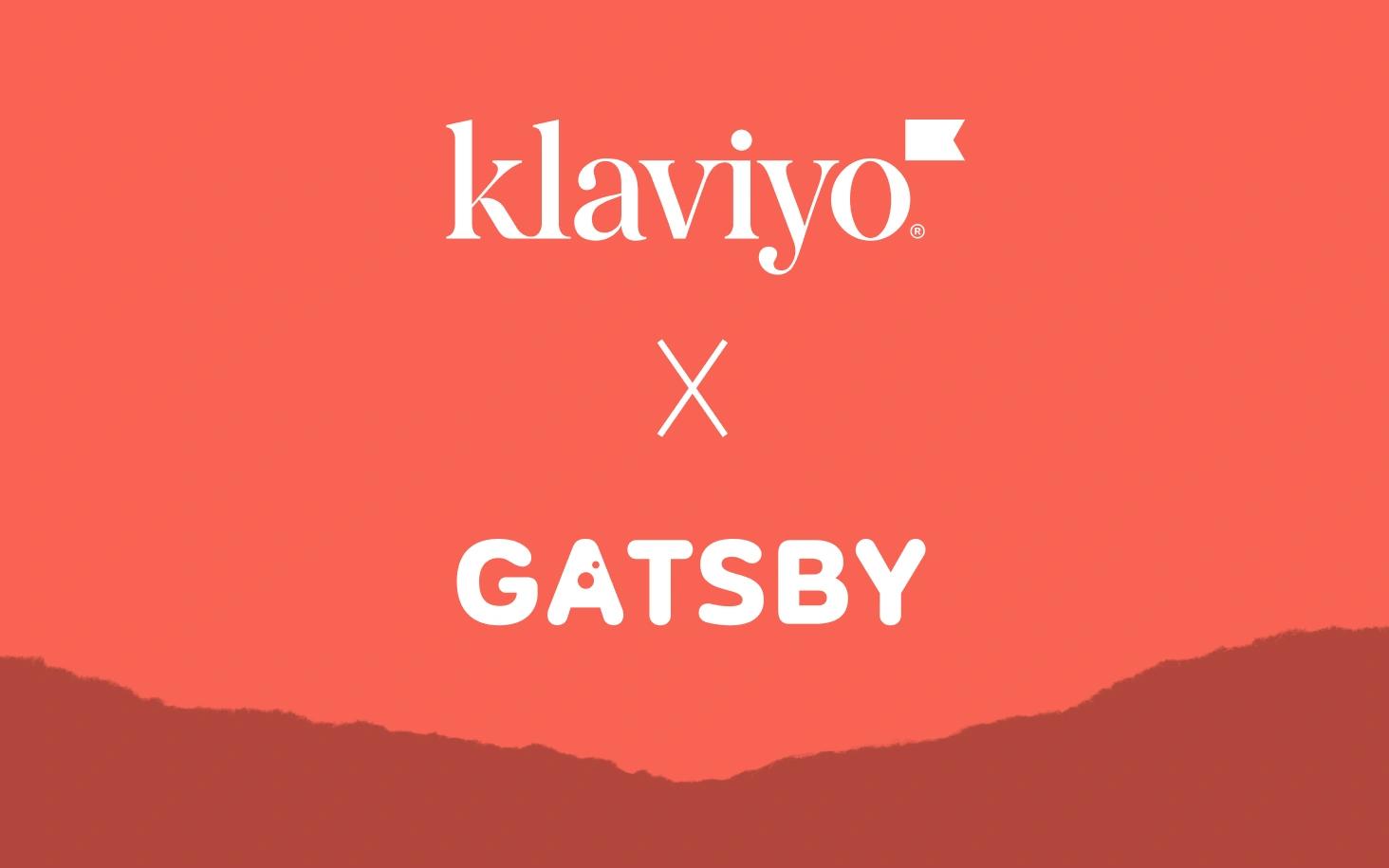 Klaviyo and Gatsby logos on a coral background with a dark red mountain silhouette.