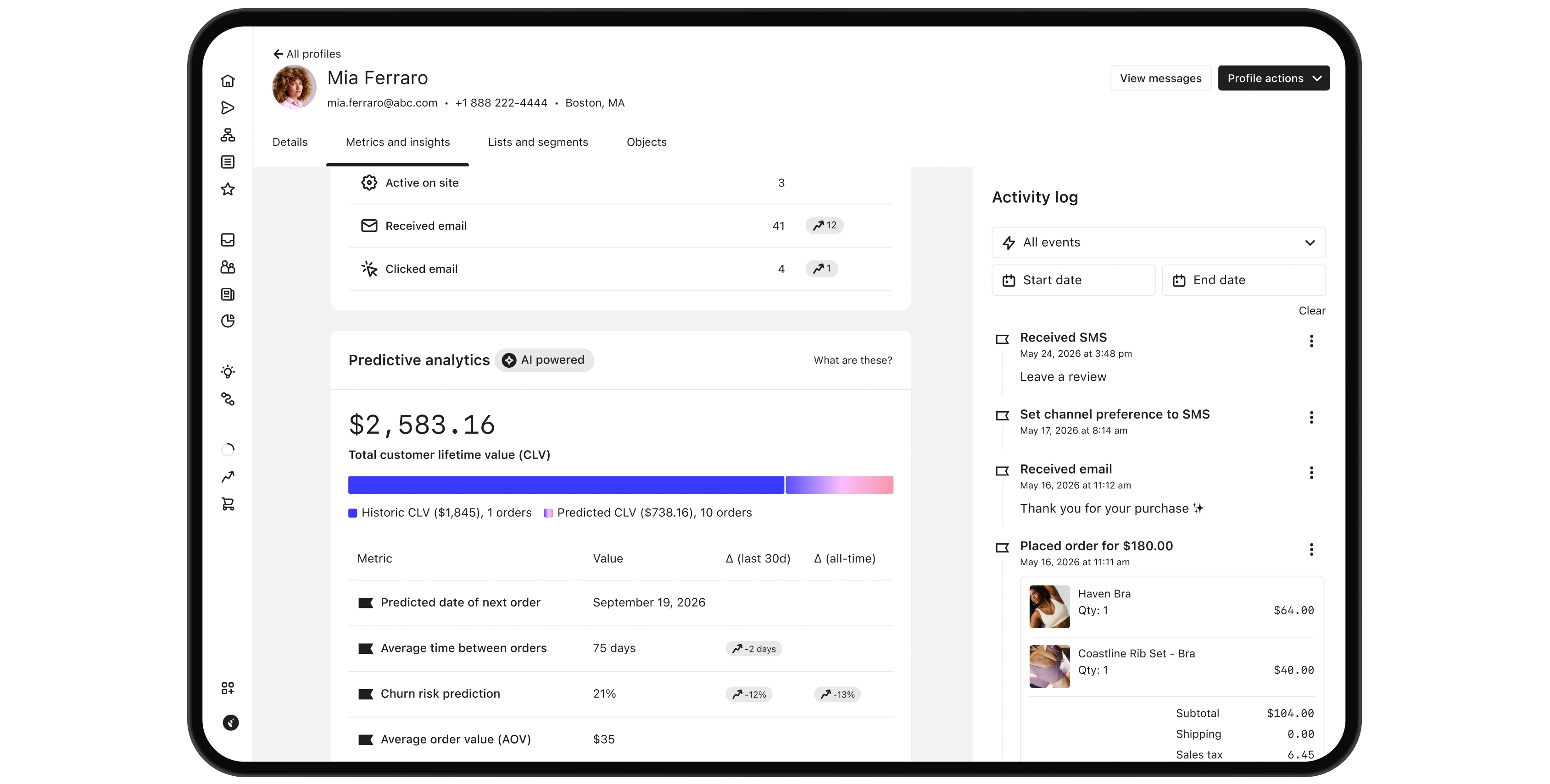 Customer profile dashboard showing predictive analytics, lifetime value, and an activity log for Mia Ferraro.