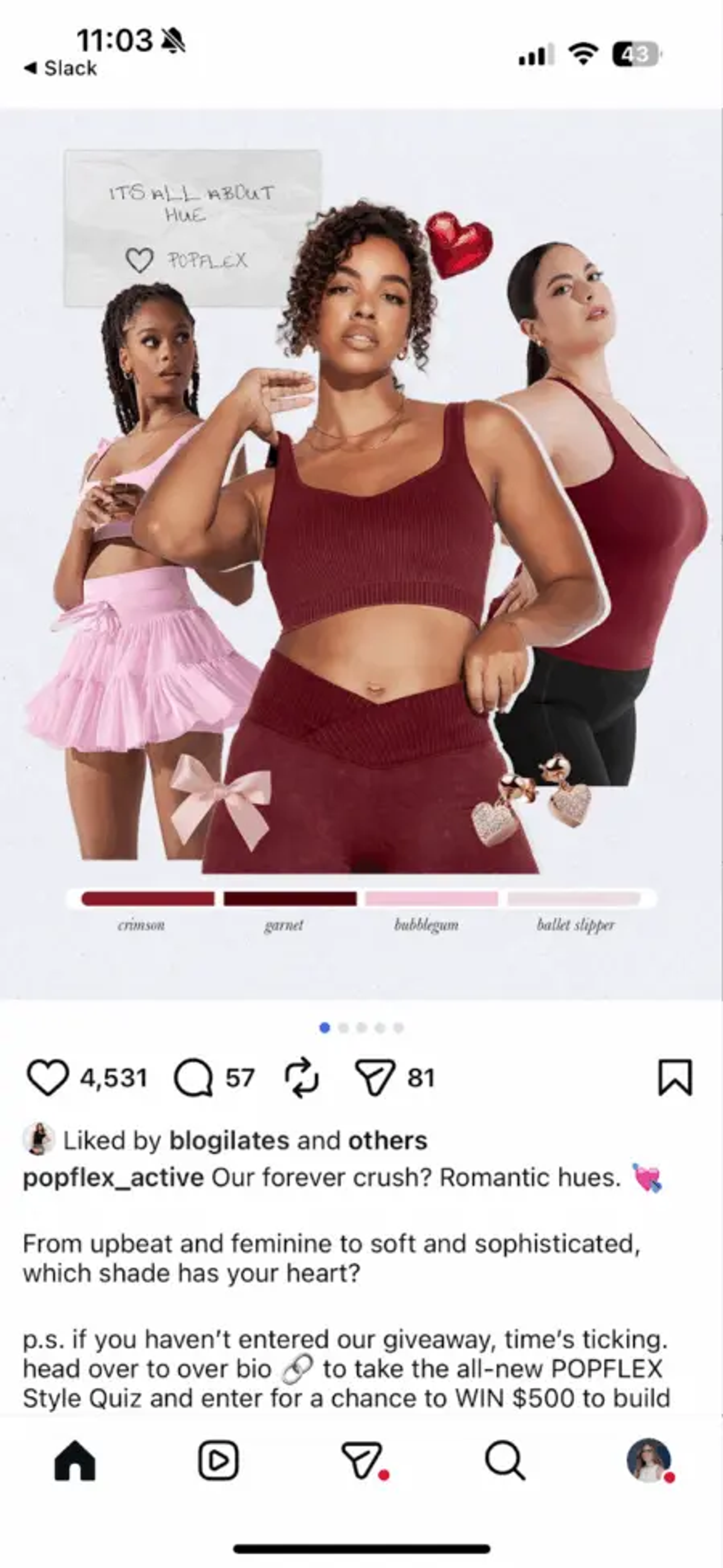 Three women in Popflex activewear in pink and red hues. Text reads "It's all about hue" with a heart and "Popflex.