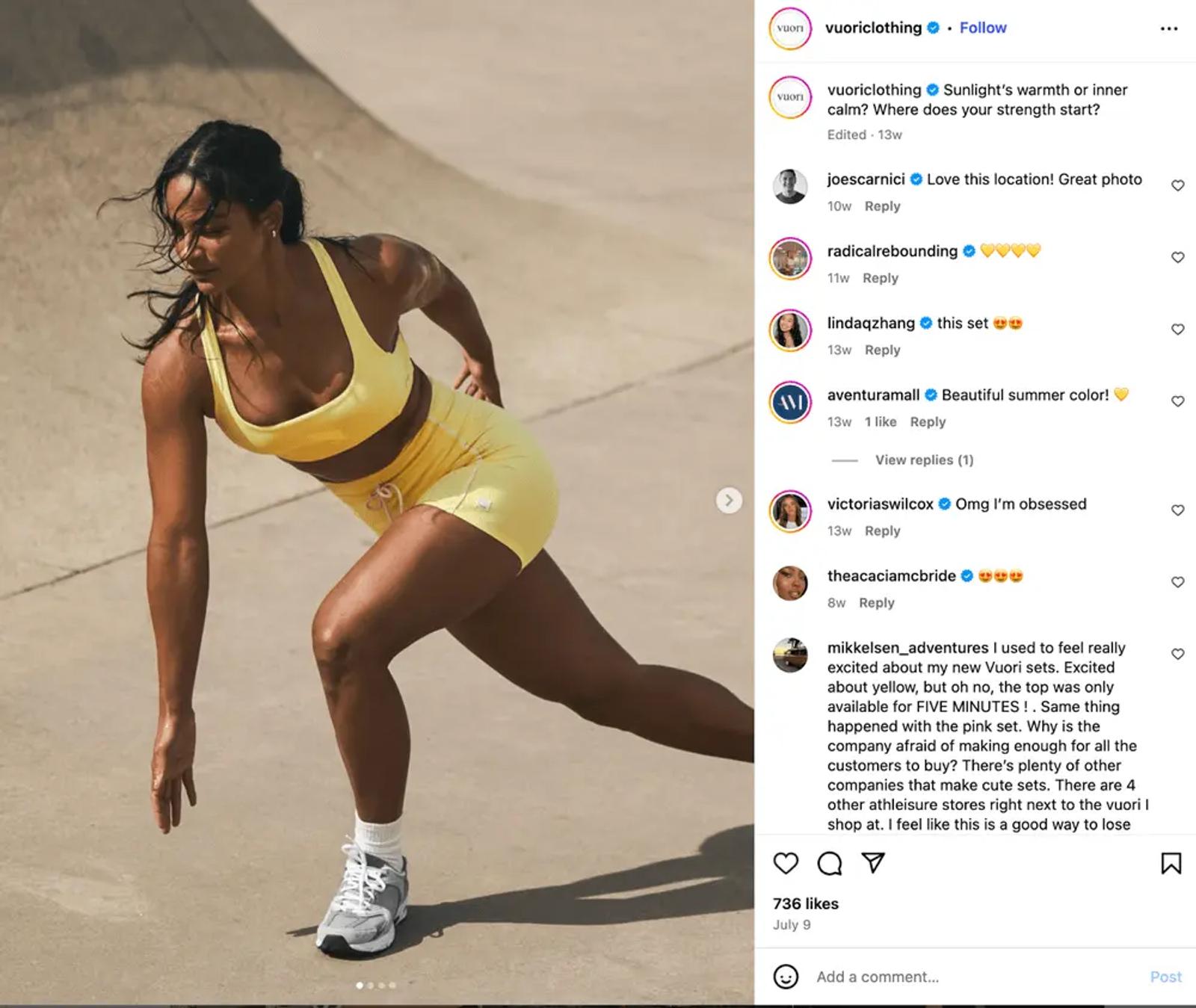 Image shows an Instagram post from Vuori featuring a model with dark skin and long dark hair wearing a matching yellow two-piece activewear set and gray running shoes. The model is active and performing the skater exercise on a concrete surface.