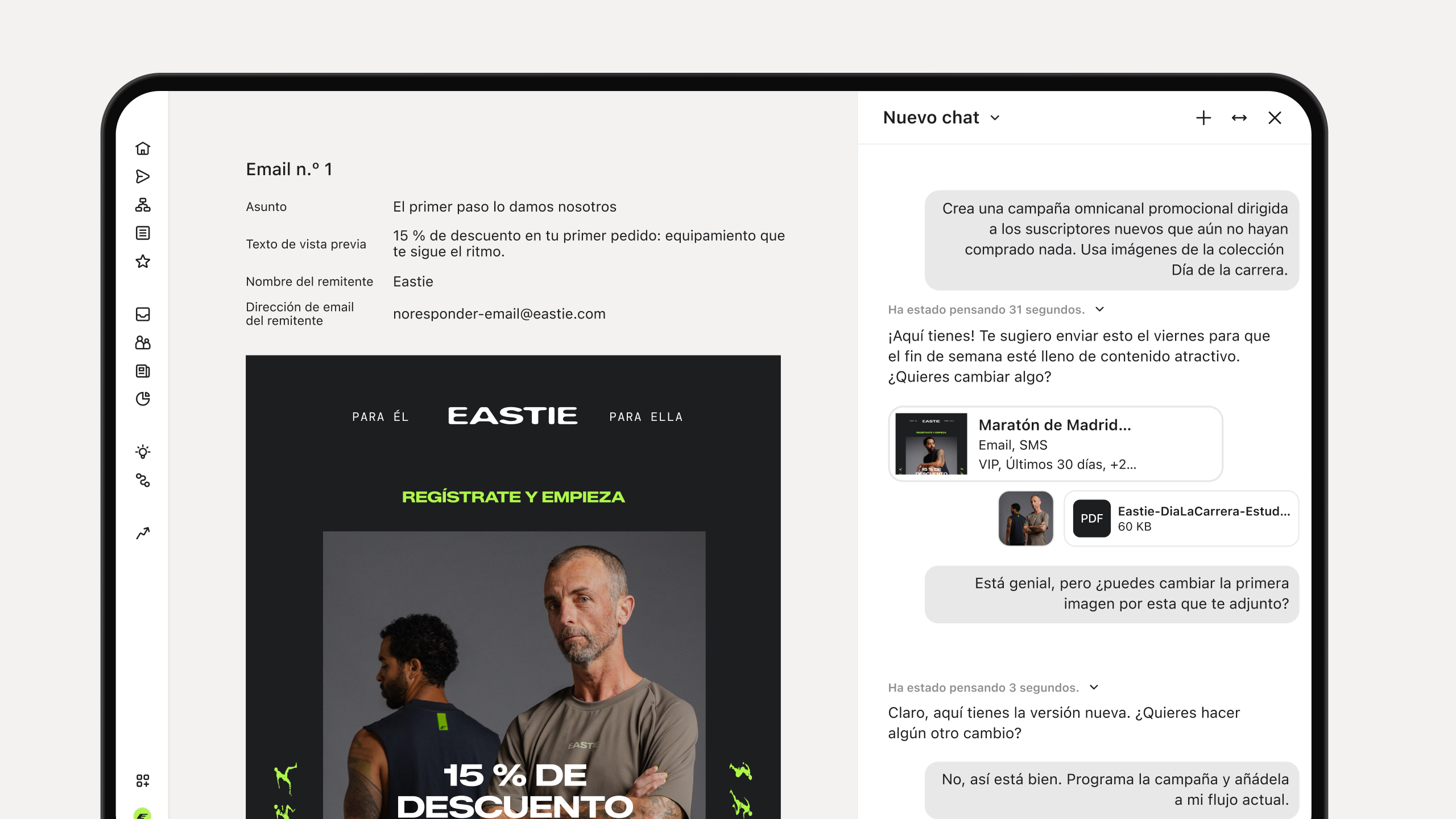 Plataforma de marketing que muestra la vista previa de un email de ropa deportiva junto a un chat de IA que planifica una campaña promocional.