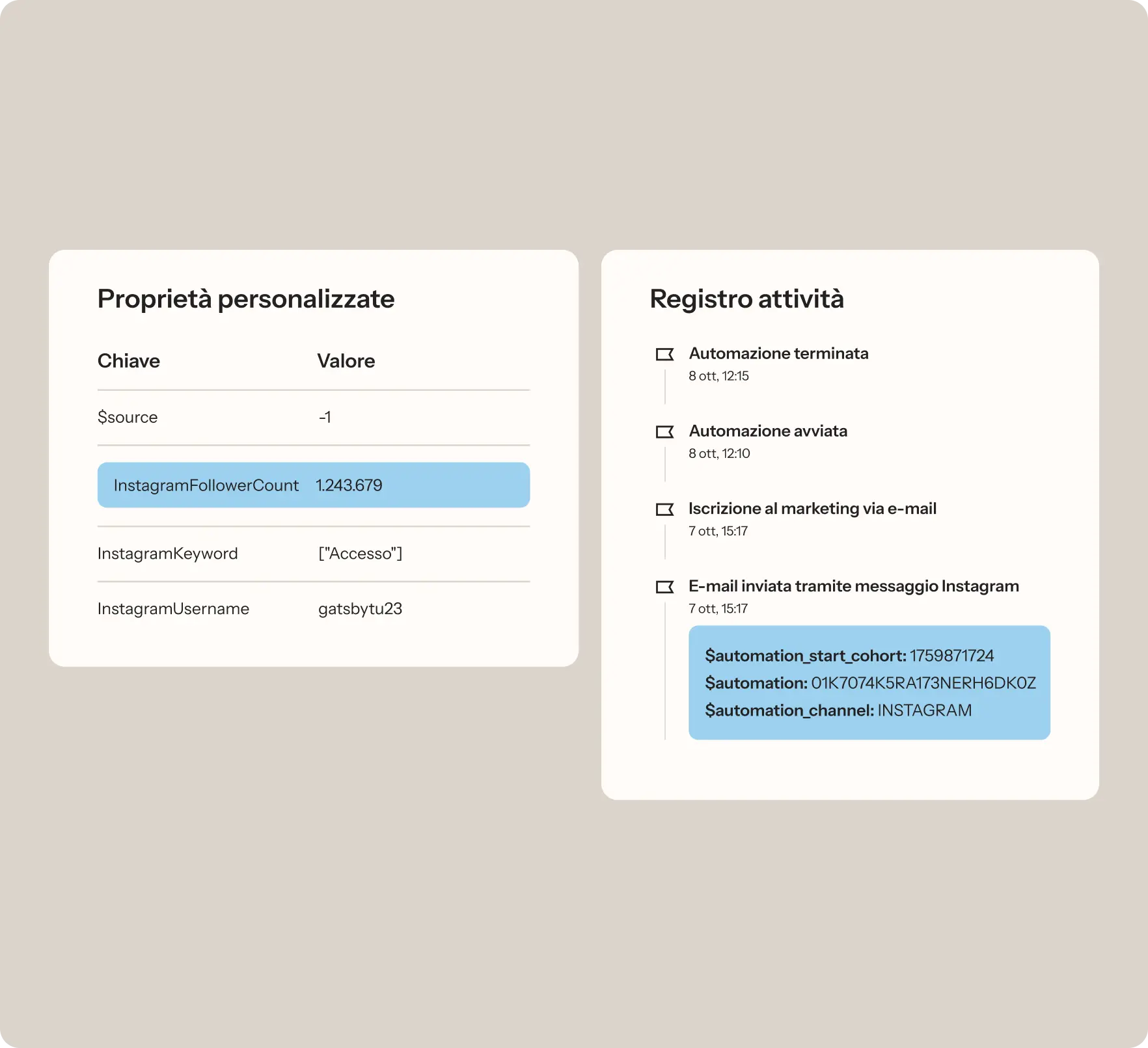 Proprietà personalizzate e registro attività mostrano dati di Instagram, come follower e azioni di automazione.