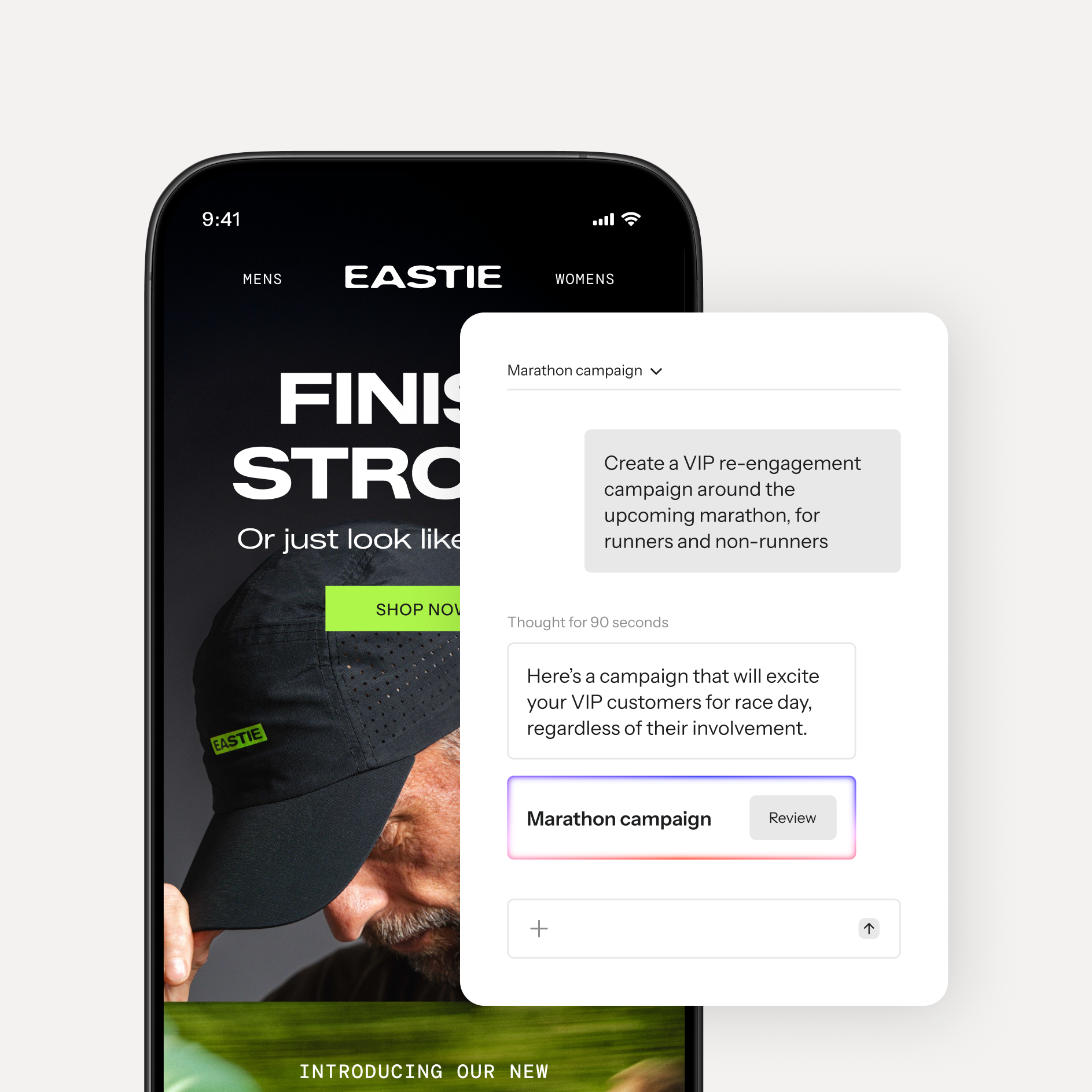 A smartphone displaying a fitness apparel website with an AI-powered pop-up suggesting a "Marathon campaign."