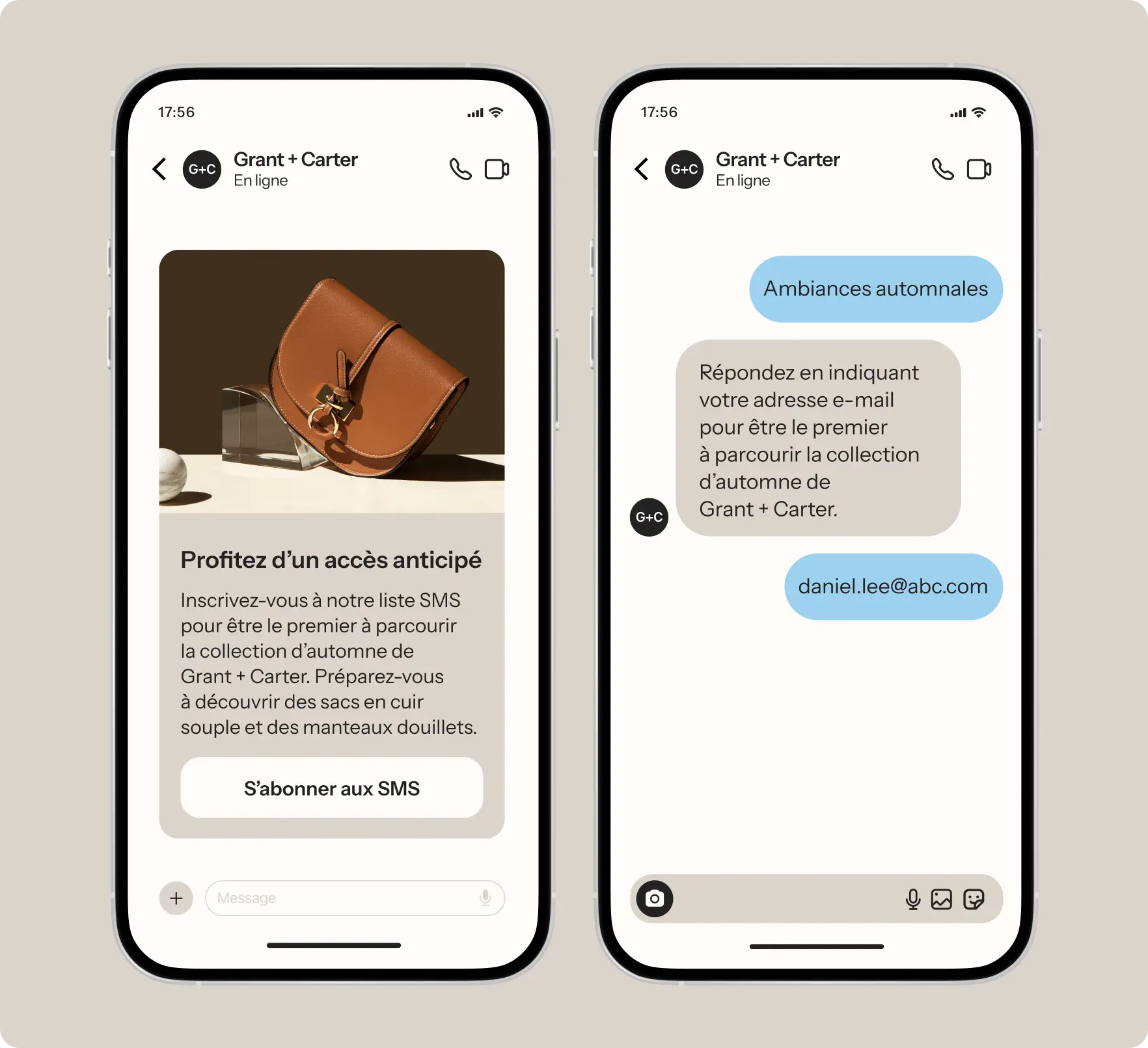 Deux écrans de smartphone affichant une conversation avec Grant + Carter. À gauche, une image d'un sac avec une invitation à s'abonner par SMS. À droite, des messages sur la collection d'automne.