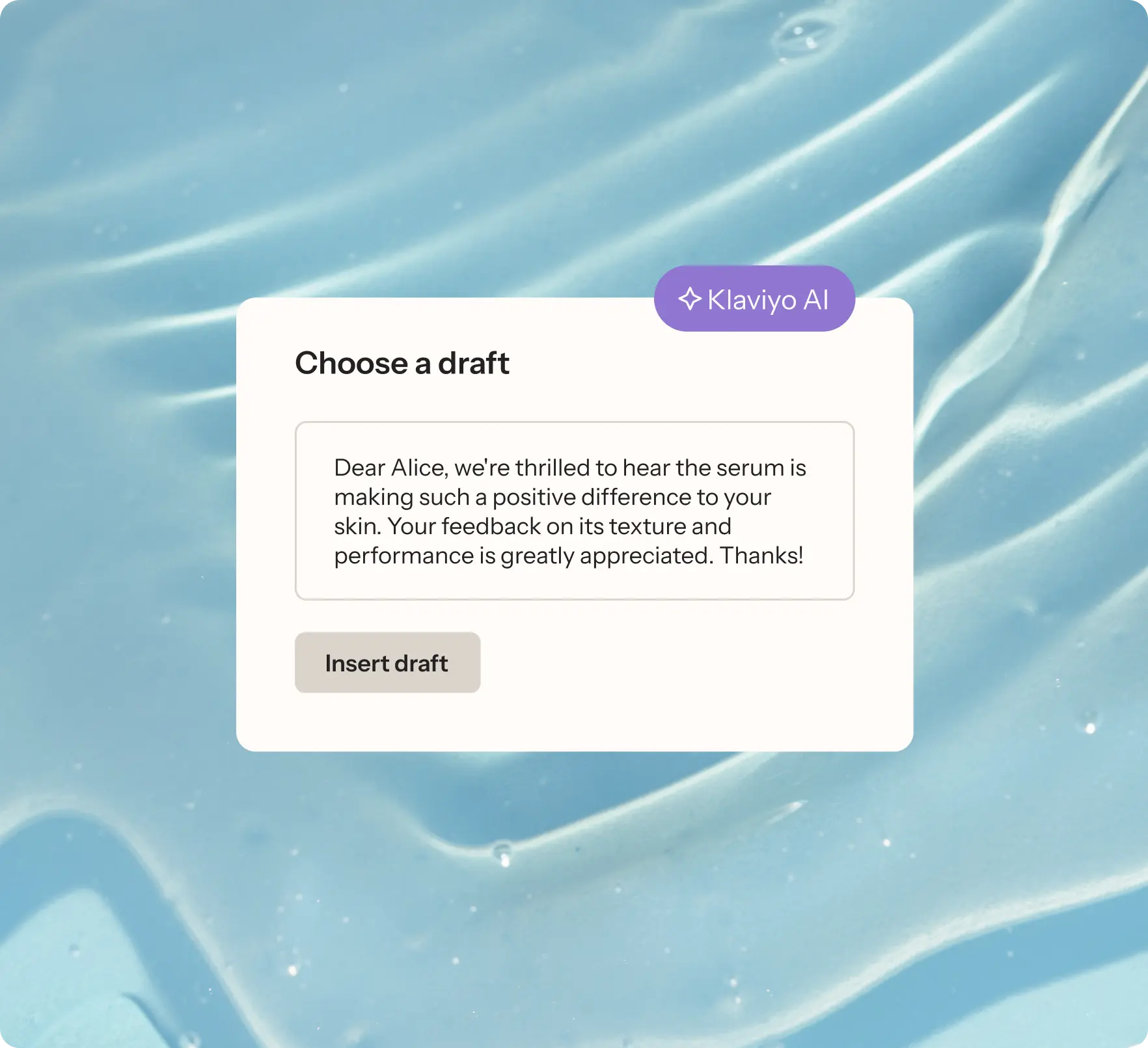 Drafting a response to a customer review with Klaviyo AI, with a cool blue water background