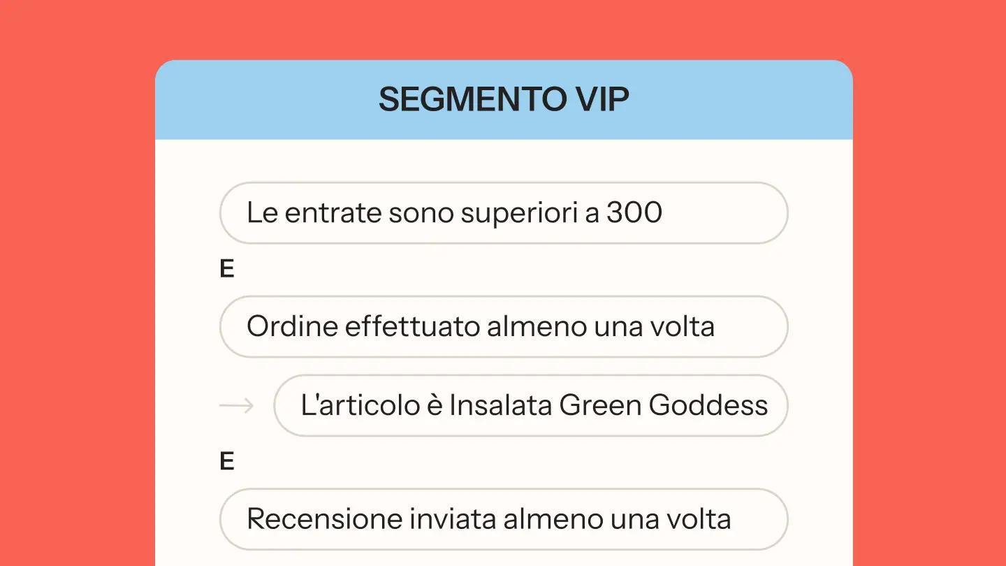 Testo che descrive il segmento VIP con criteri: entrate superiori a 300, ordine effettuato, articolo Insalata Green Goddess, recensione inviata.