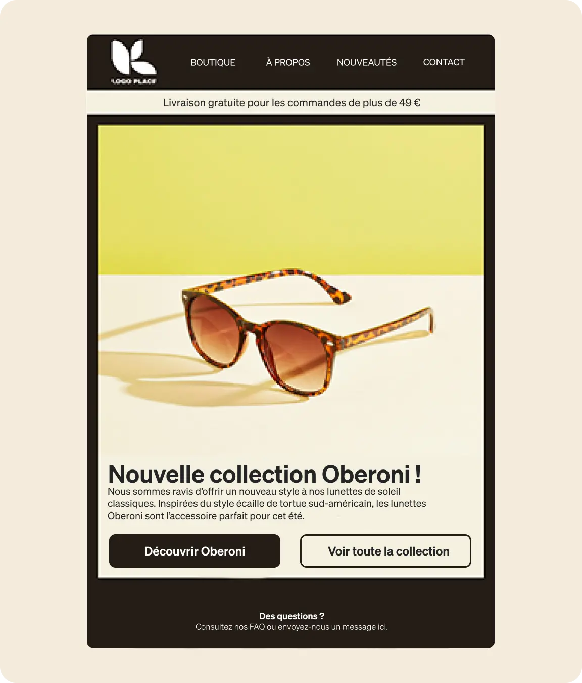 Publicité pour la nouvelle collection de lunettes Oberoni, montrant des lunettes de soleil écaille de tortue sur fond jaune.