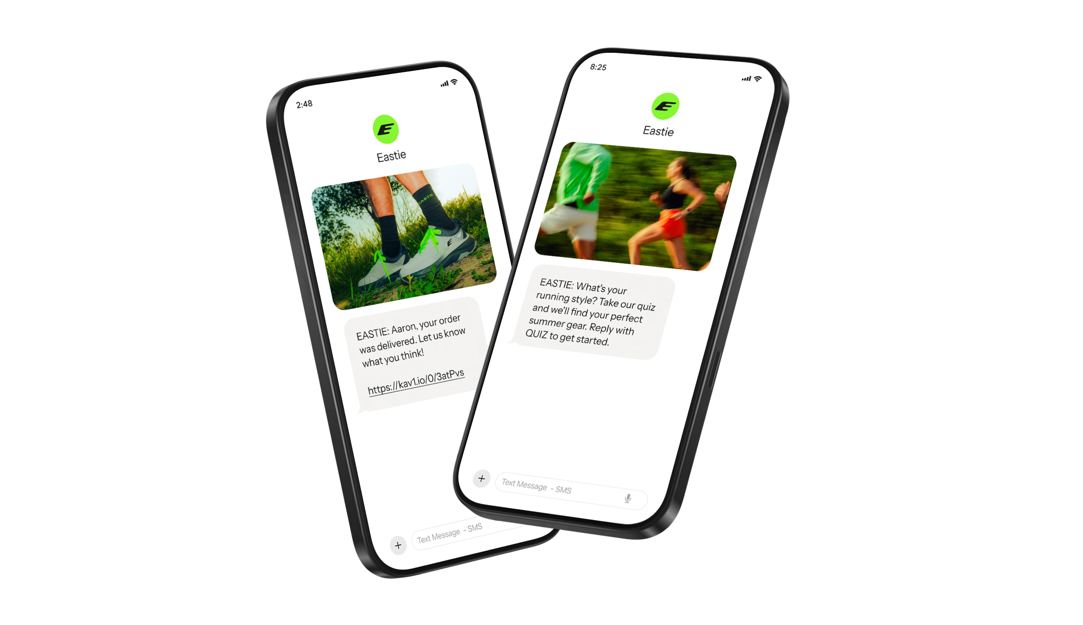 Two smartphones display Eastie text messages featuring running shoes and runners.