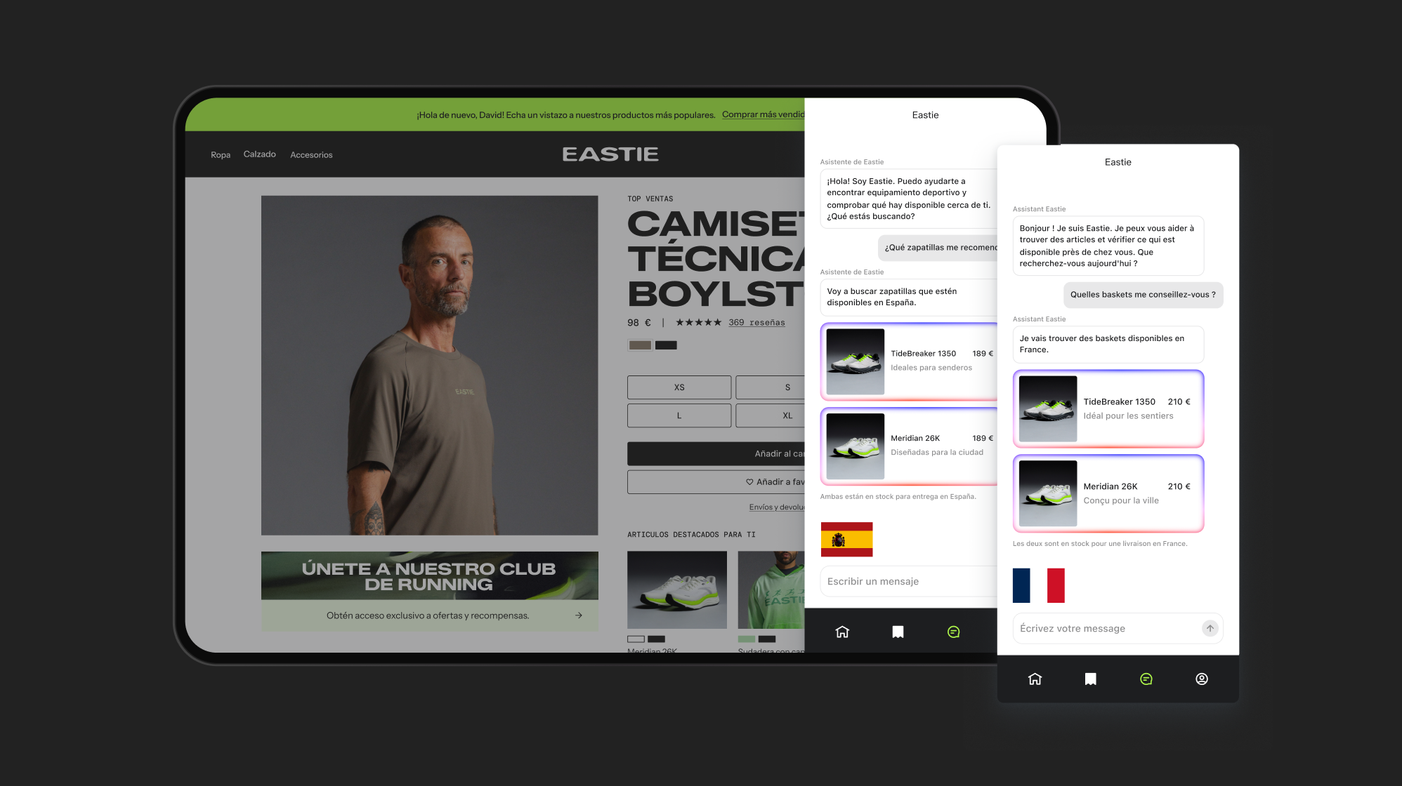 Screens showing an Eastie e-commerce website and two Eastie chatbots recommending running shoes in Spanish for Spain and in French for France.