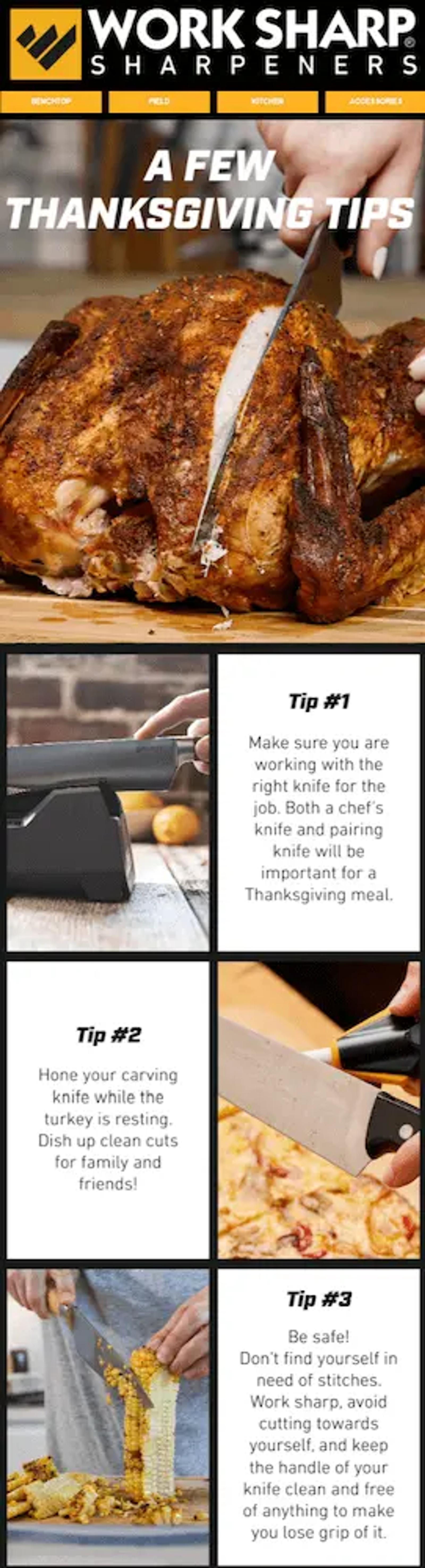 Image shows a Thanksgiving email from knife sharpening brand Work Sharp, which shows a photo of someone cutting into a turkey under the headline, “a few Thanksgiving tips.” The email goes on to offer 3 tips for carving meat over the holiday, each with a corresponding photo.