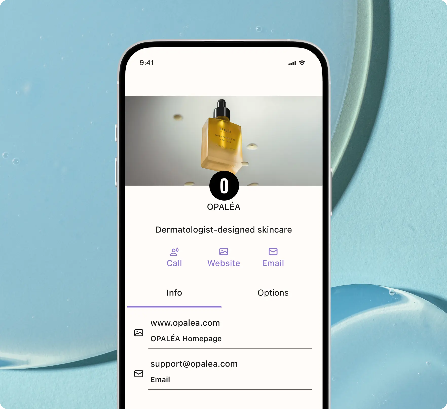Smartphone displaying Opaléa skincare product page with contact options and product image.