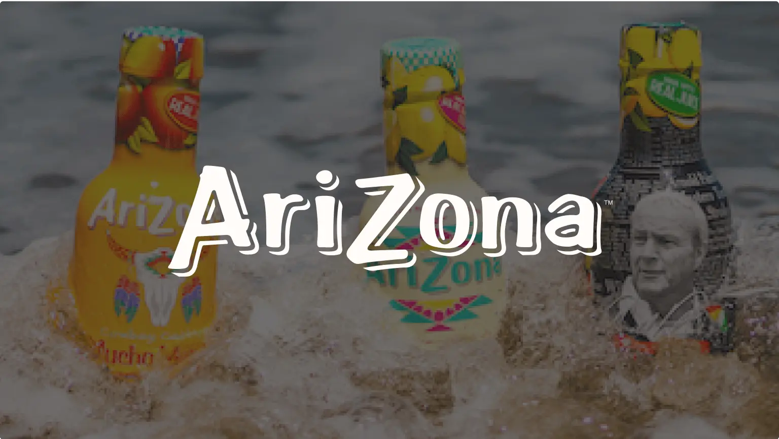 3 different bottles of Arizona iced tea half-submerged in water, overlaid with the Arizona logo.