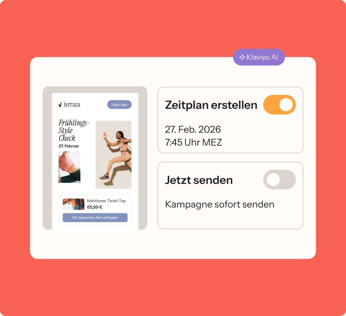 A digital interface showing a mobile preview of a spring style email and campaign scheduling options set for February 27, 2026, with a Klaviyo AI tag.