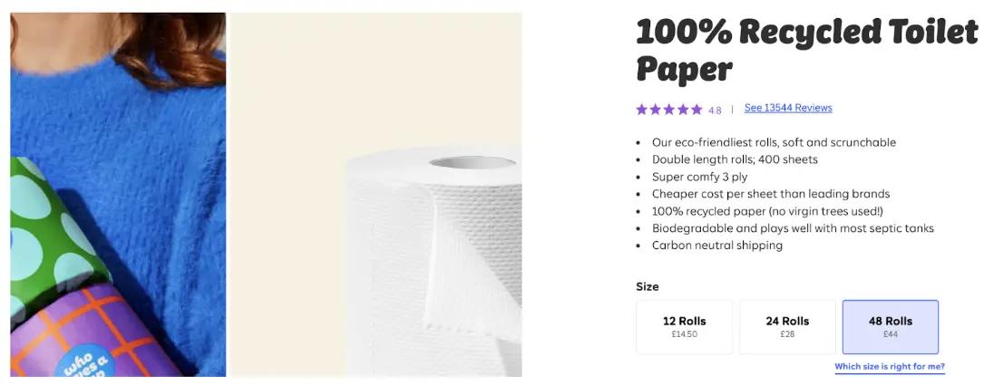 Woman in blue sweater holding colourful toilet paper pack. Text highlights features of 100% recycled toilet paper, available in bulk sizes.