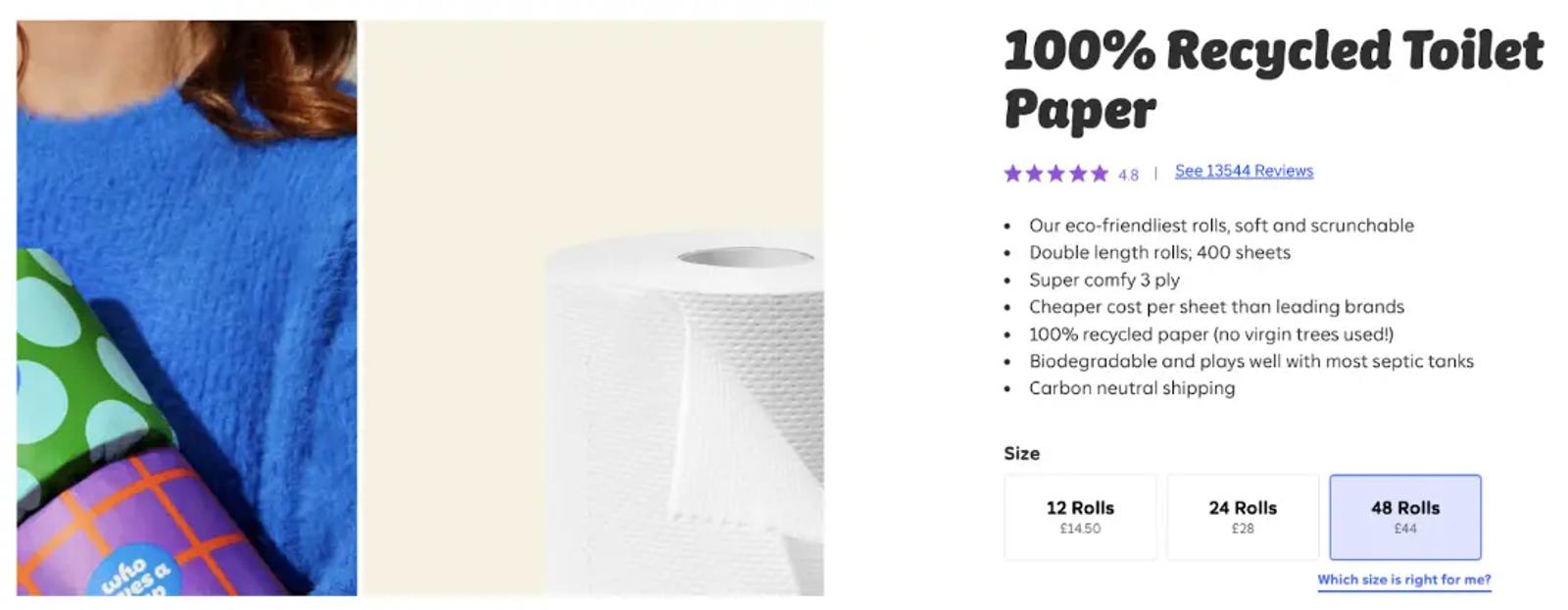 Woman in blue sweater holding colourful toilet paper pack. Text highlights features of 100% recycled toilet paper, available in bulk sizes.