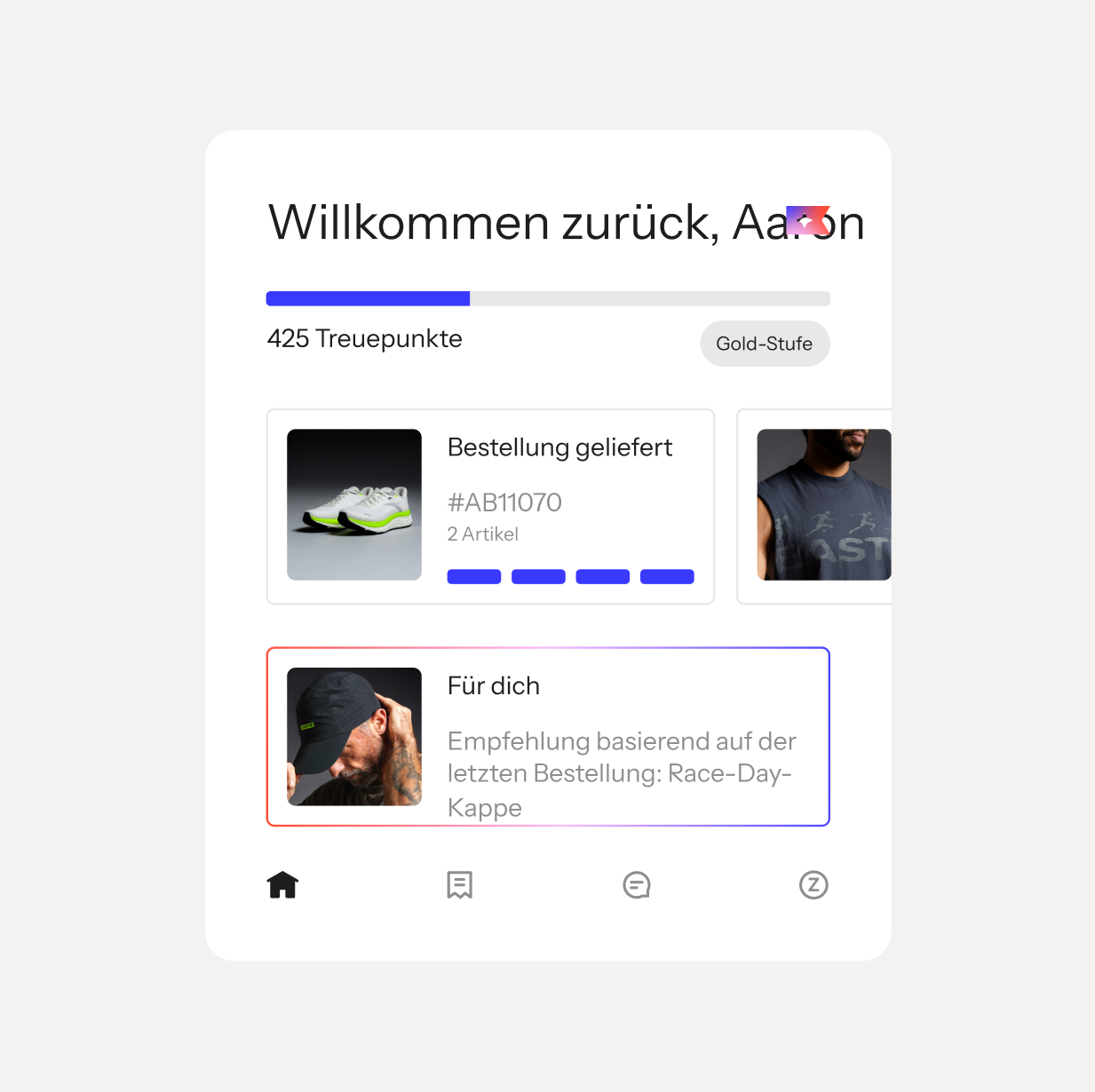 A mobile app dashboard displaying loyalty points, order status, and personalized product recommendations.