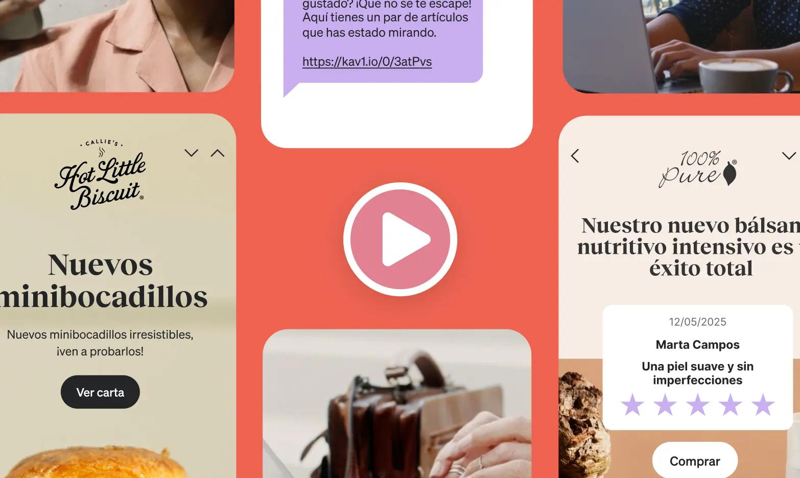 Collage de imágenes promocionales: texto de productos, un botón de reproducción y una persona usando una laptop.