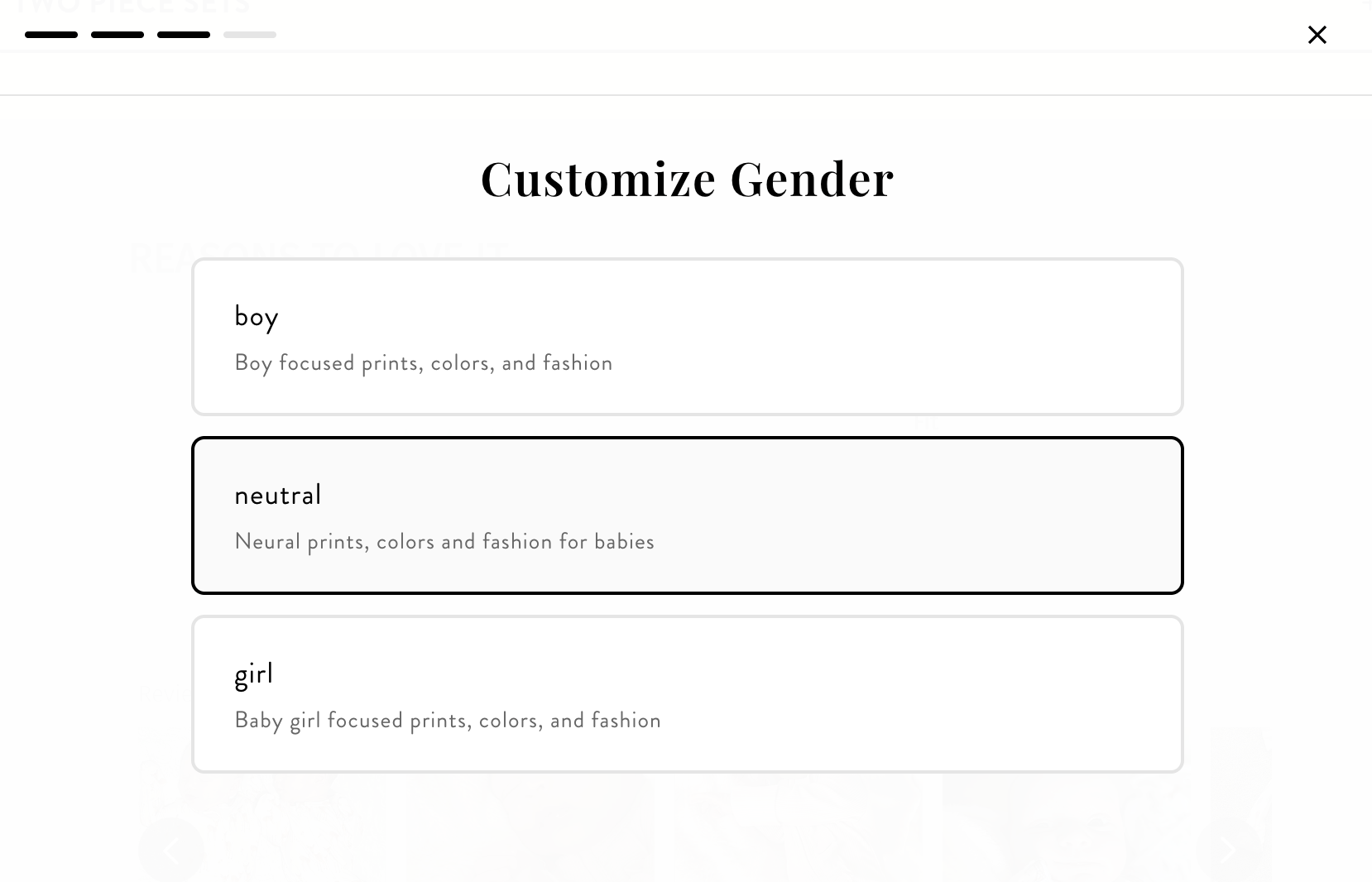 A customization screen titled "Customize Gender" with three options: "boy", "neutral" (highlighted), and "girl".