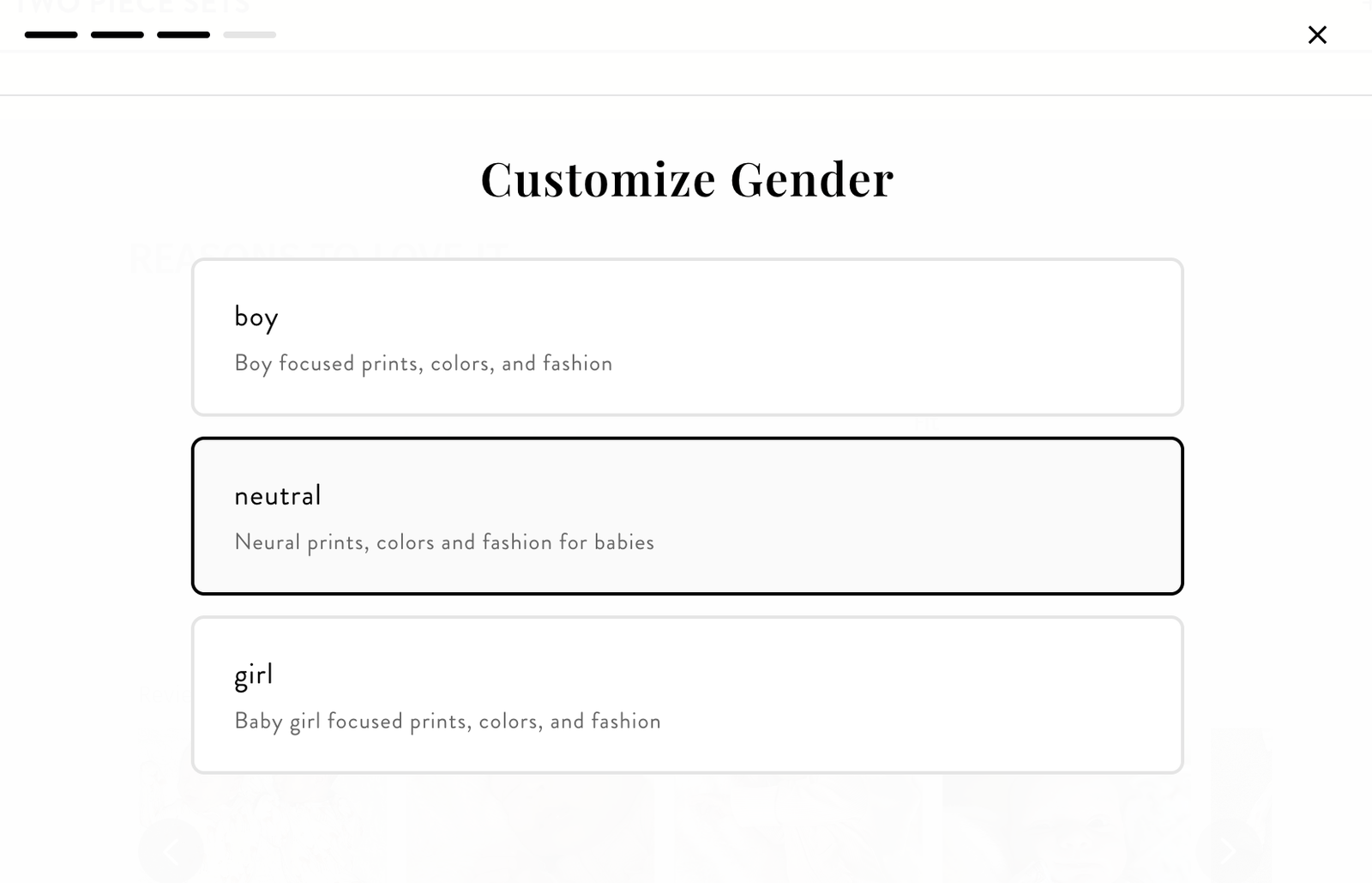 A customization screen titled "Customize Gender" with three options: "boy", "neutral" (highlighted), and "girl".