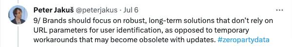 Image shows a tweet from the Twitter app reading “Brands should focus on robust, long-term solutions that don’t rely on URL parameters for user identification, as opposed to temporary workarounds that may become obsolete with updates.”