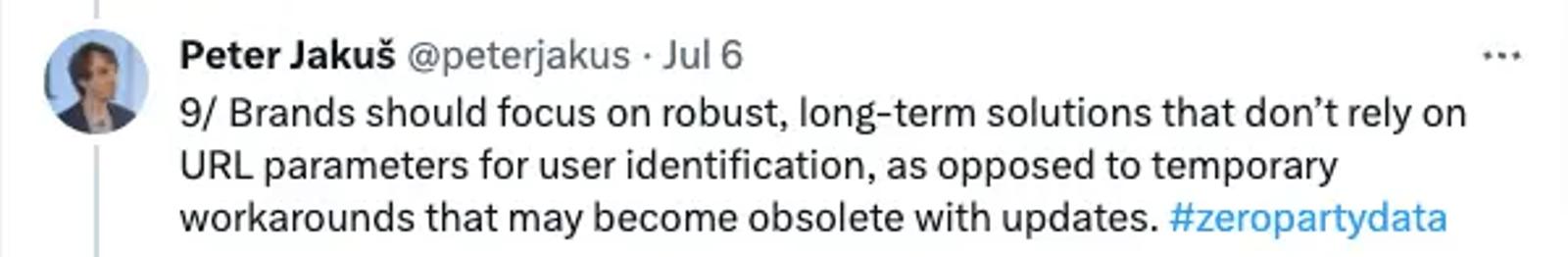 Image shows a tweet from the Twitter app reading “Brands should focus on robust, long-term solutions that don’t rely on URL parameters for user identification, as opposed to temporary workarounds that may become obsolete with updates.”