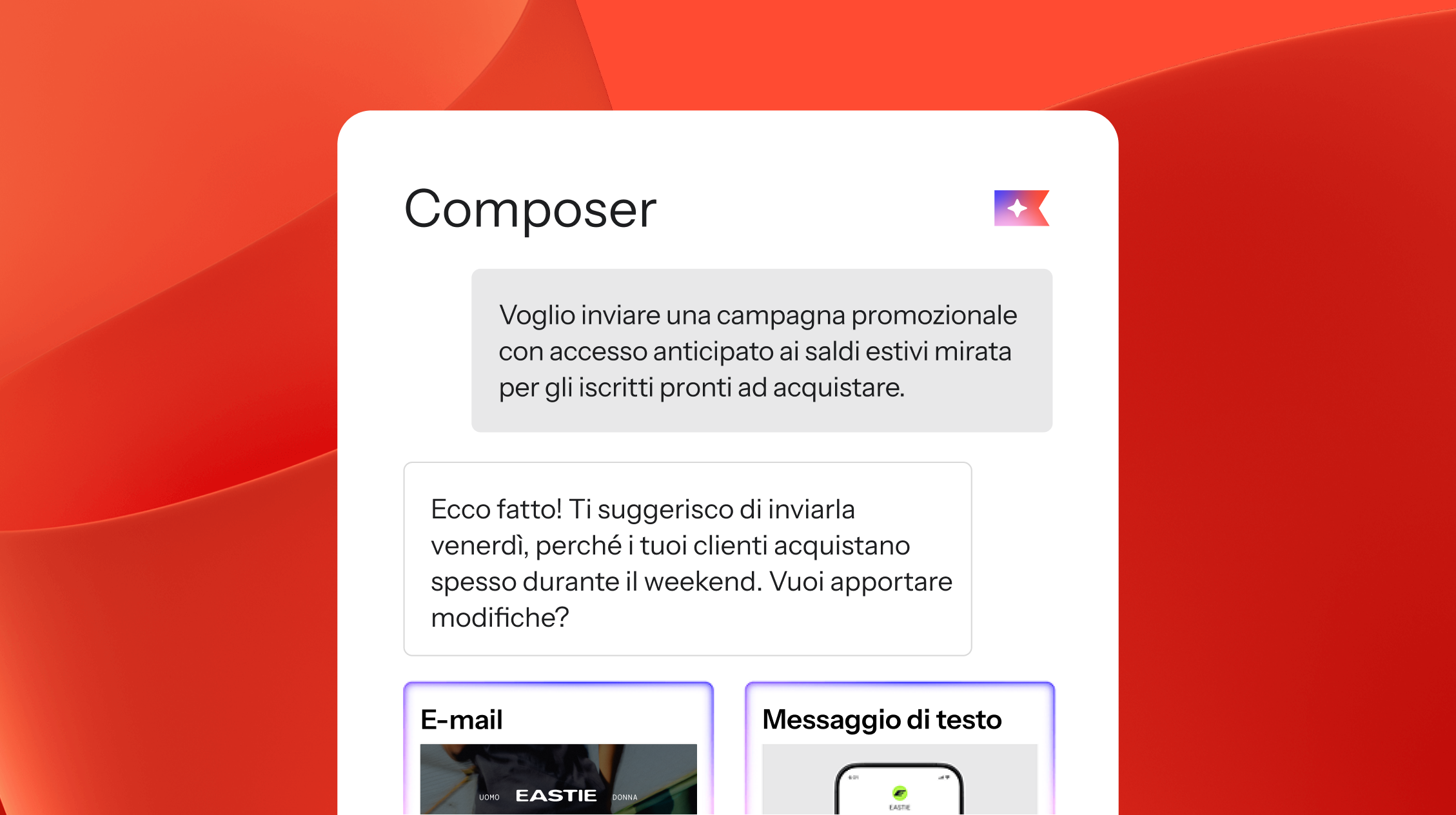 A 'Composer' user interface showing an AI assistant suggesting to send a promotional campaign on Friday, with options for email and text message.