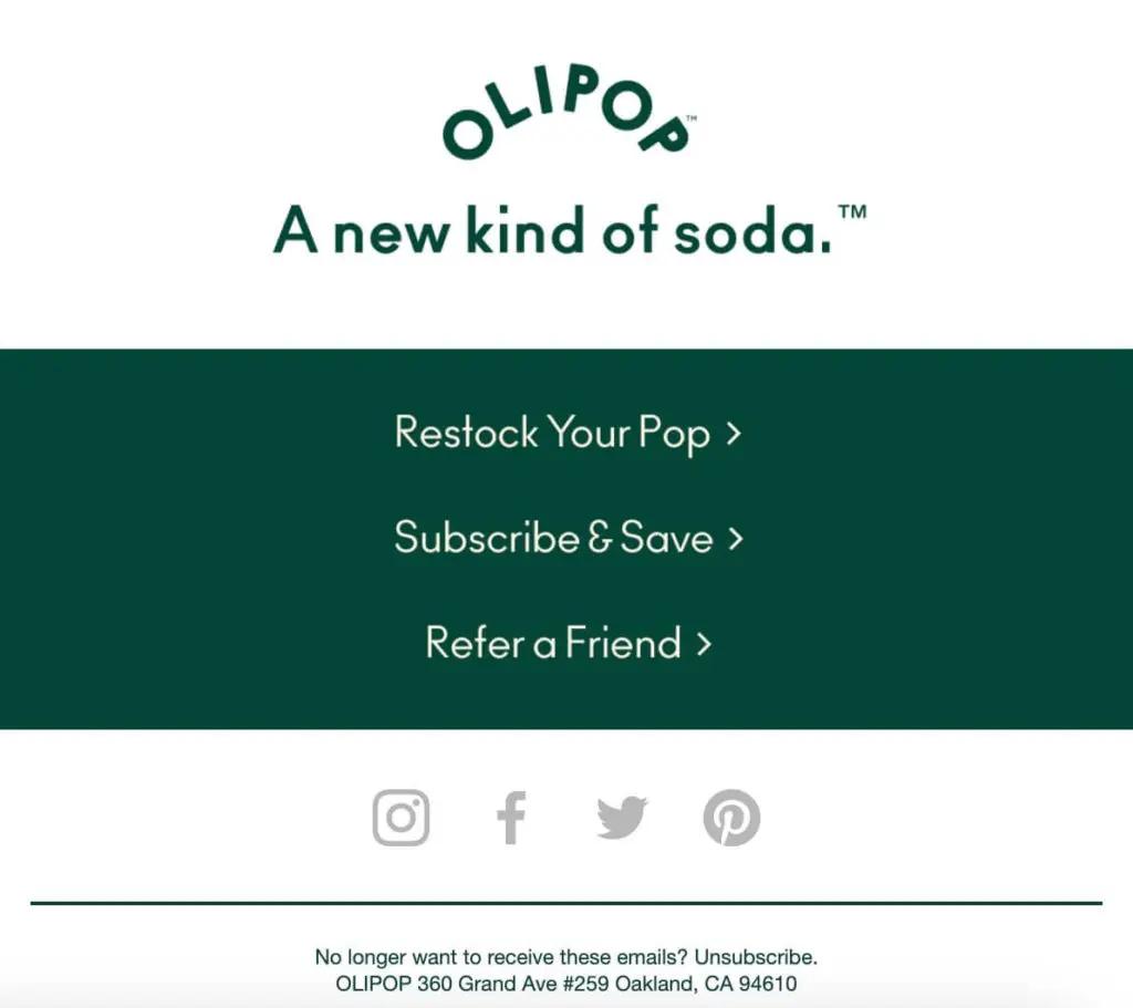 Image shows the footer of an email that includes restock, subscription, and referral options.