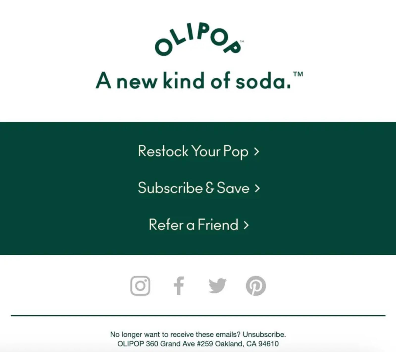 Image shows the footer of an email that includes restock, subscription, and referral options.