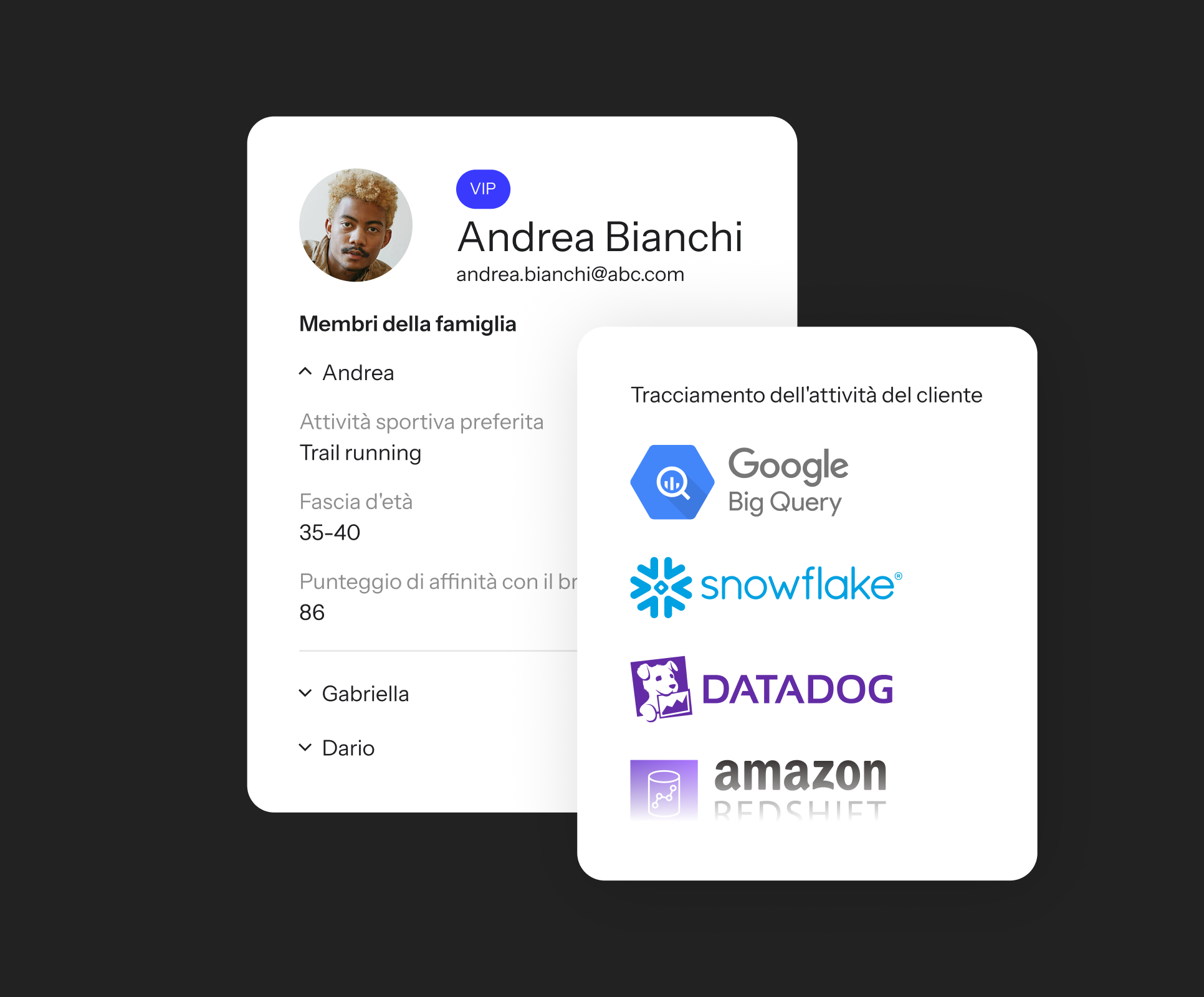 Customer profile card with personal details and a VIP badge, alongside a card showing data tracking integrations with Google BigQuery, Snowflake, Datadog, and Amazon Redshift.