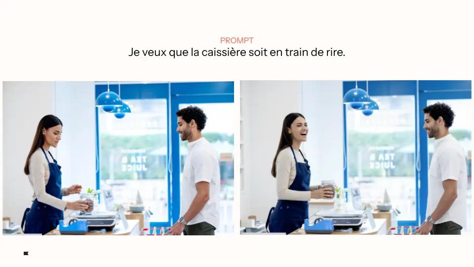 Caissière souriante et client dans un magasin, illustrant le texte "Je veux que la caissière soit en train de rire".