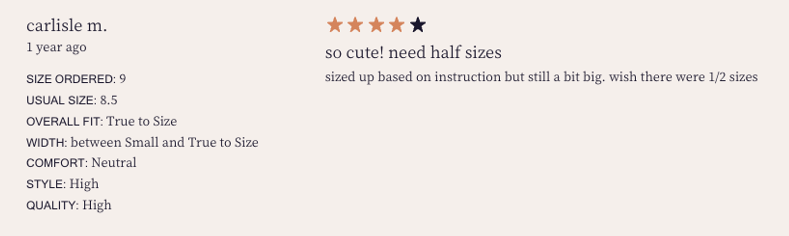 Website screenshot of a product review for Charlotte Stone shoes against a beige background. The review headline reads, “so cute! need half sizes” with 5 stars above it, one of which is blacked out to indicate a 4-star review. There is a sidebar of text to the left of the review that specifies the size ordered, the usual size ordered by the customer, the overall fit, width, comfort, style, and quality. The review itself says, “sized up based on instruction but still a bit big. wish there were ½ sizes.”