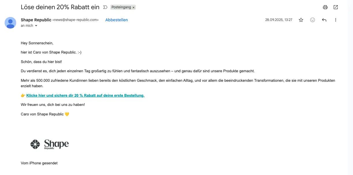Willkommens-E-Mail von Shape Republic mit 20 % Rabattangebot auf die erste Bestellung, gesendet von Caro.