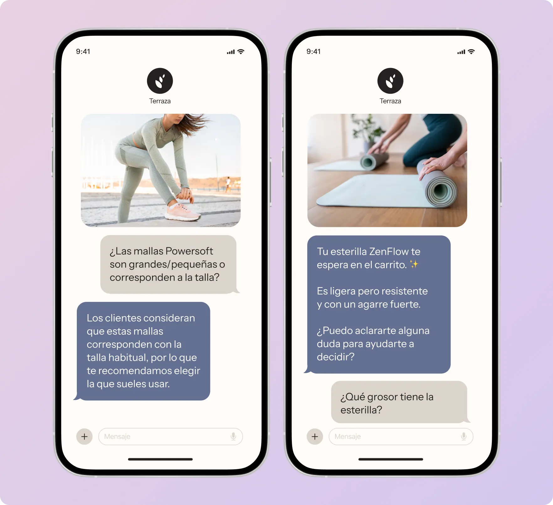 Dos pantallas de smartphone muestran chats de compra. Izquierda: consulta sobre mallas Powersoft. Derecha: información sobre esterilla ZenFlow.