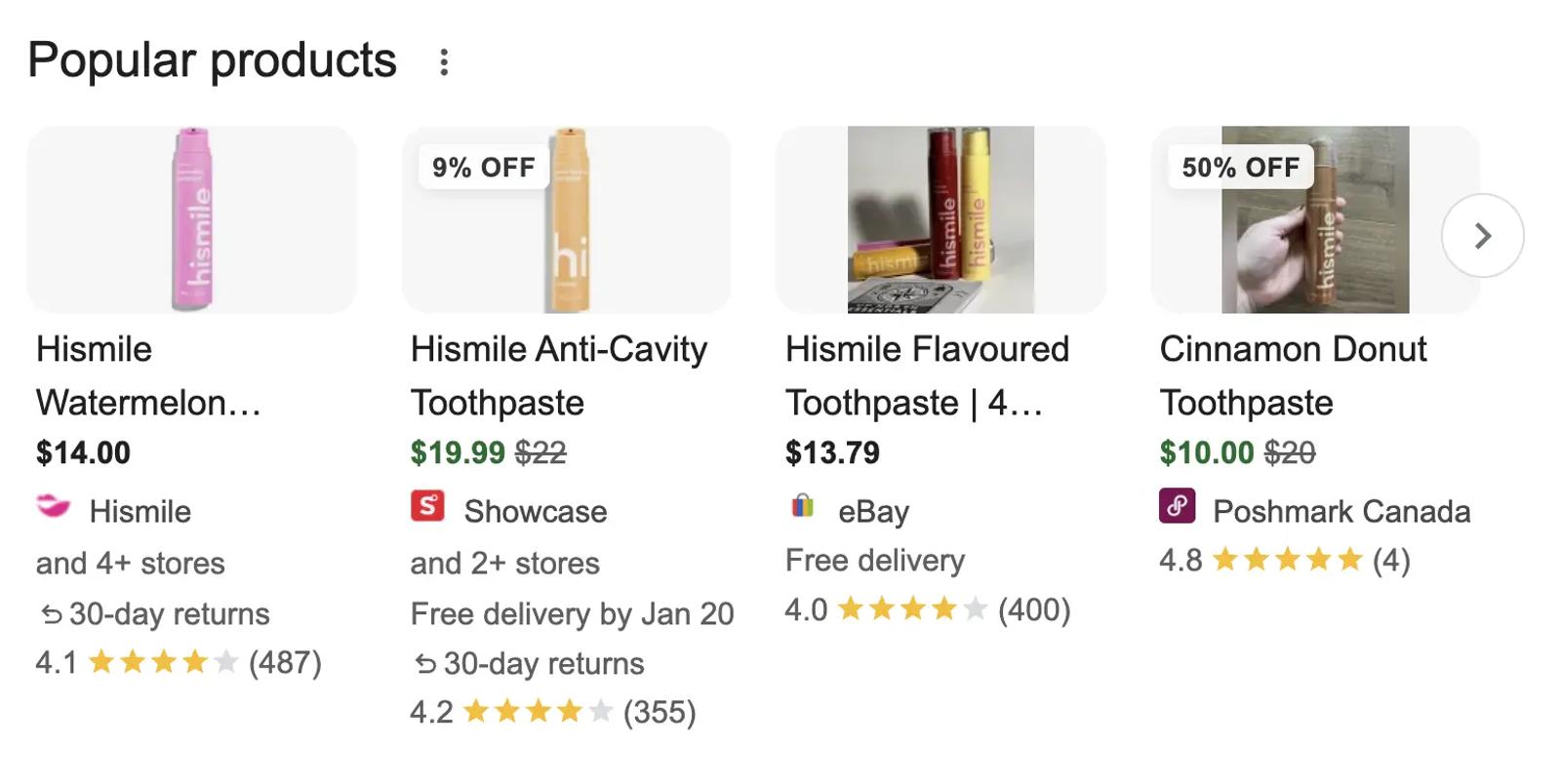 Image shows a 4-panel item list of Hismile toothpaste products of various colours and sizes. Under each product shot is a product title, price, store name, shipping information, and star rating based on customer reviews.