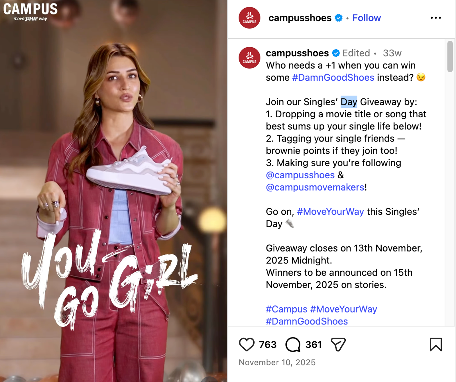 A woman in a red denim outfit holds up a white and grey sneaker. Text on the left reads "YOU GO GIRL." An Instagram post for a "Singles' Day Giveaway" is on the right.