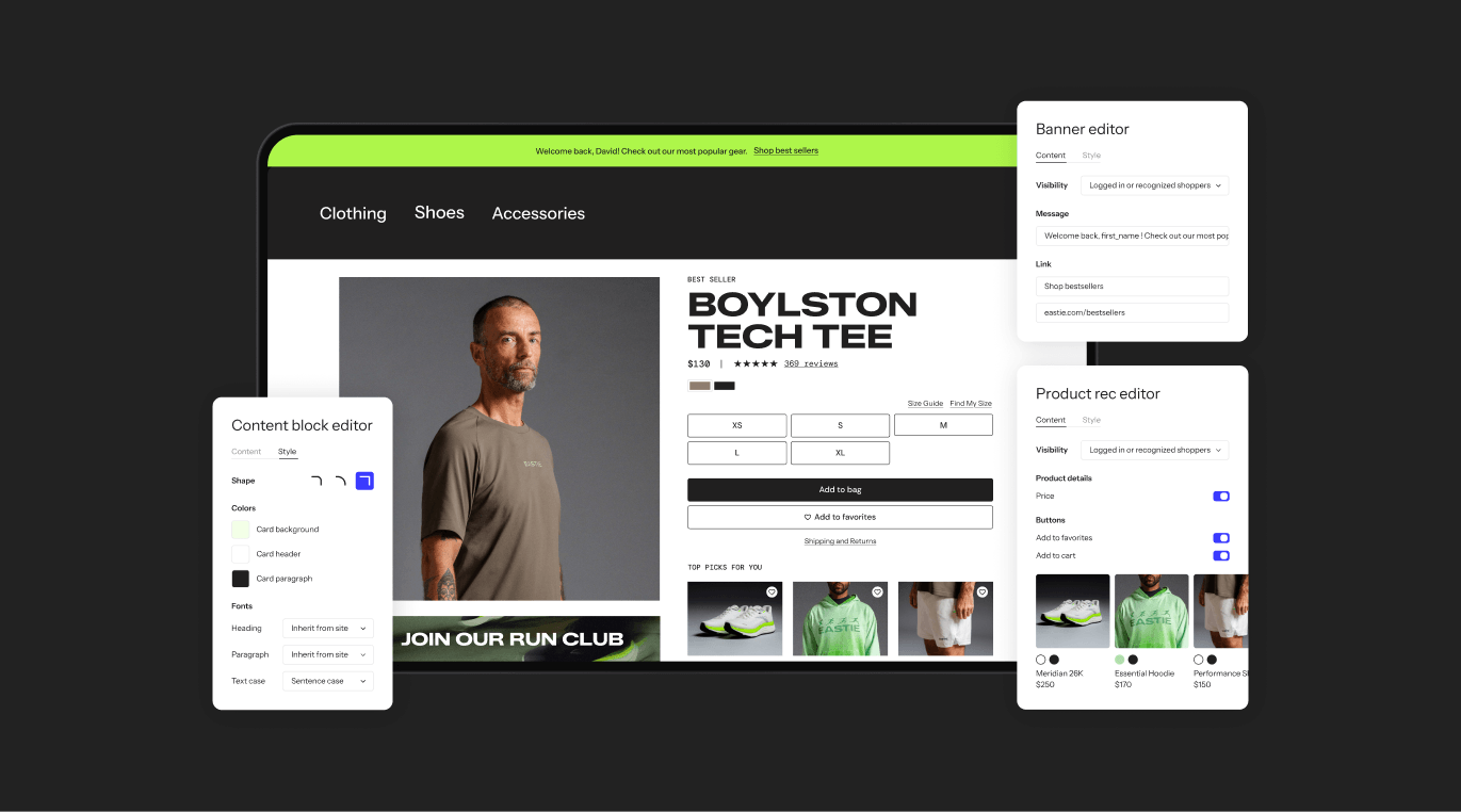 A website builder interface customizing an e-commerce product page, with content, banner, and product recommendation editor panels.
