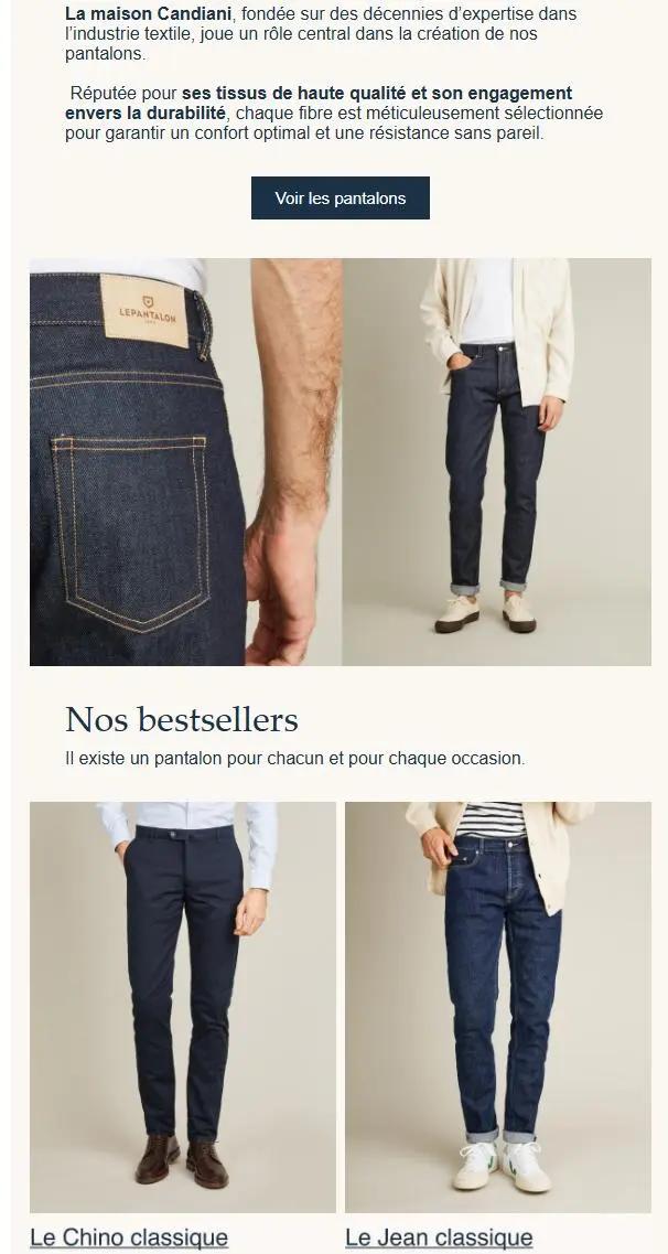 Homme portant un jean LePantalon, texte sur la qualité des tissus Candiani, et deux modèles de pantalons : chino classique et jean classique.