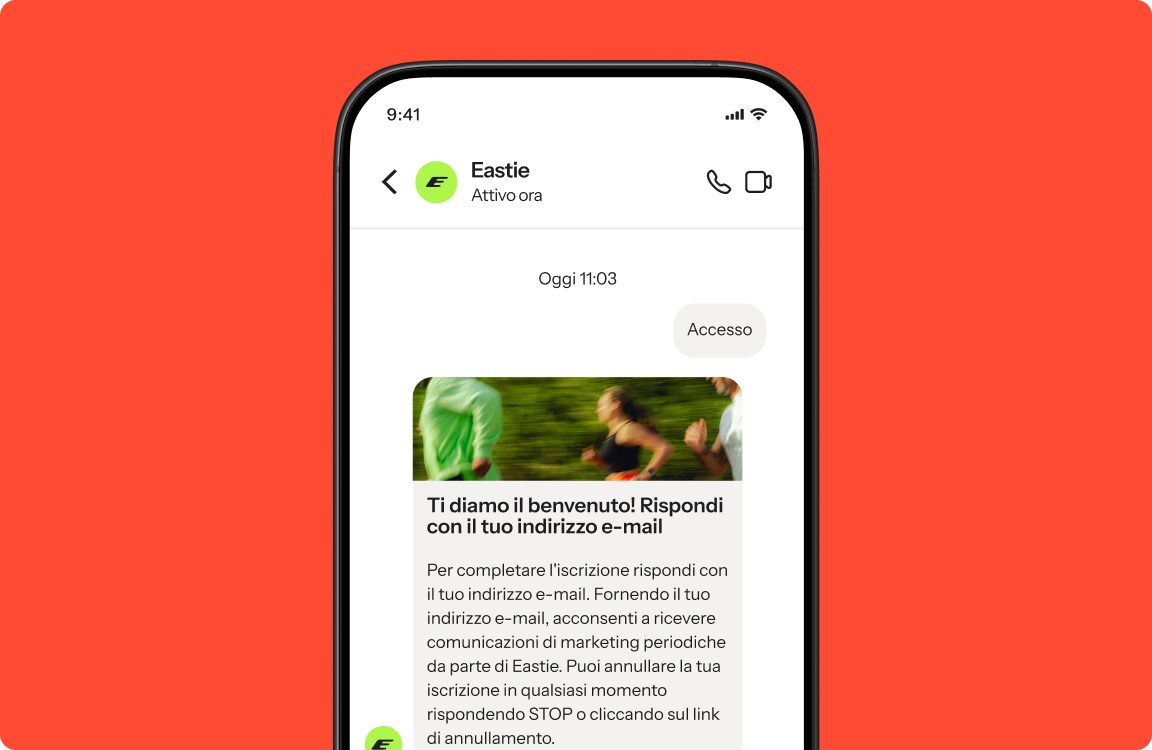 A smartphone displaying a chat conversation from "Eastie" with a welcome message, an image of people running, and an "Accesso" button.