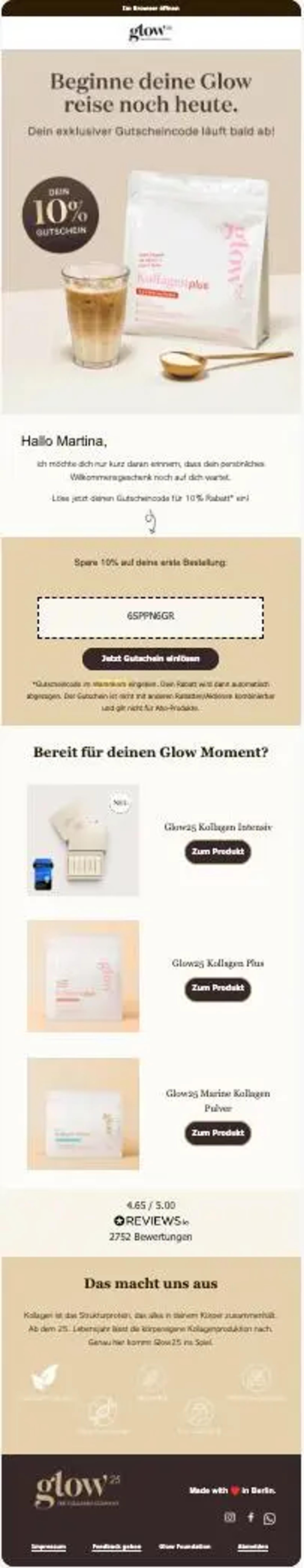 Newsletter mit Glow25-Logo, 10% Rabattcode und Bildern von Kollagenprodukten. Text erinnert an Gutschein und bewirbt Produkte.