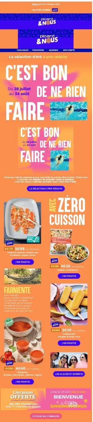 Exemple d’e-mail promotionnel Picard avec de nombreux boutons “J’en profite”, montrant une surcharge de CTA qui nuit à la hiérarchie et à la conversion.